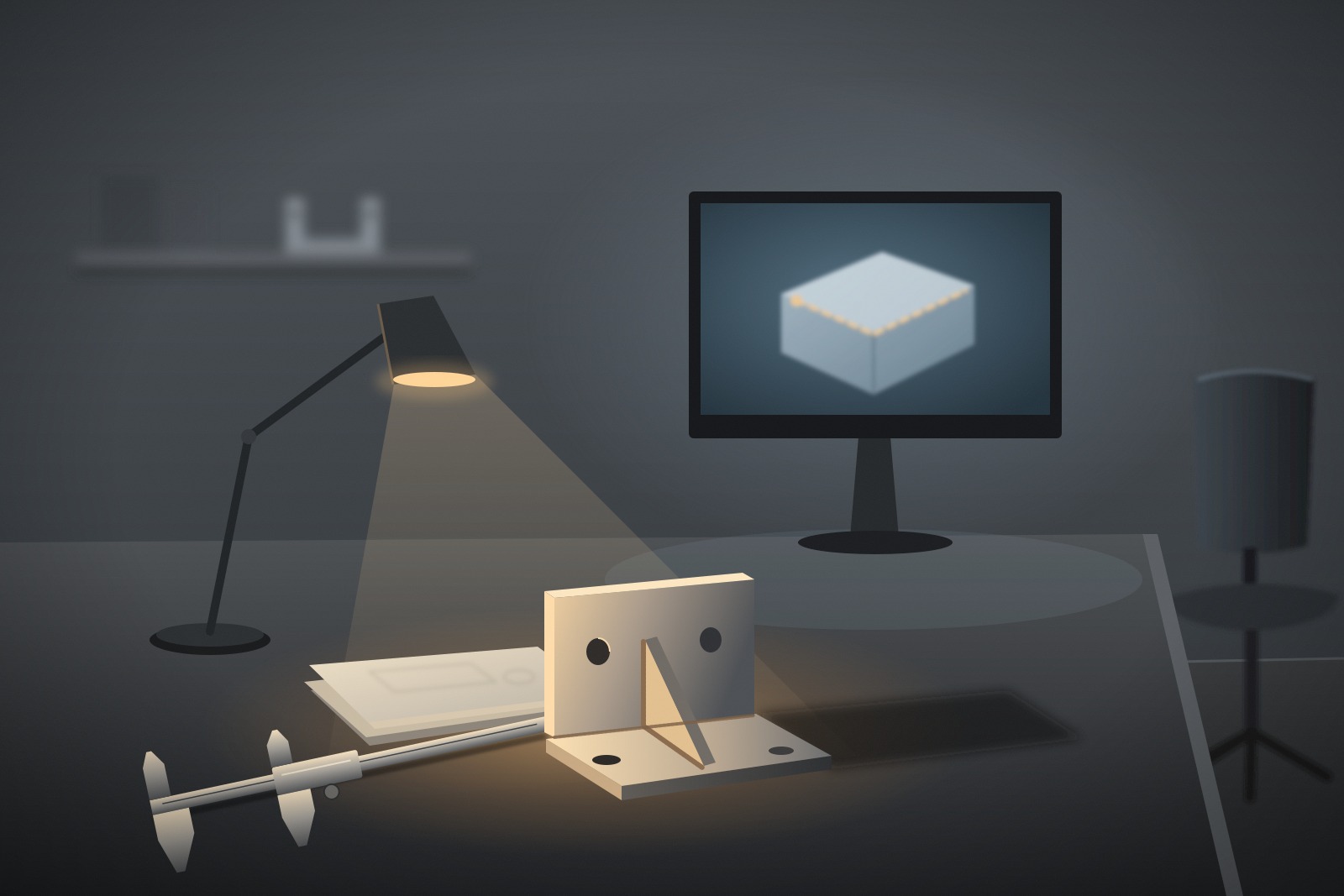 Illustration of a quiet engineering desk with a softly glowing monitor of abstract shapes, stacked drawings, two different steel brackets and open calipers beside an empty pushed-back chair.