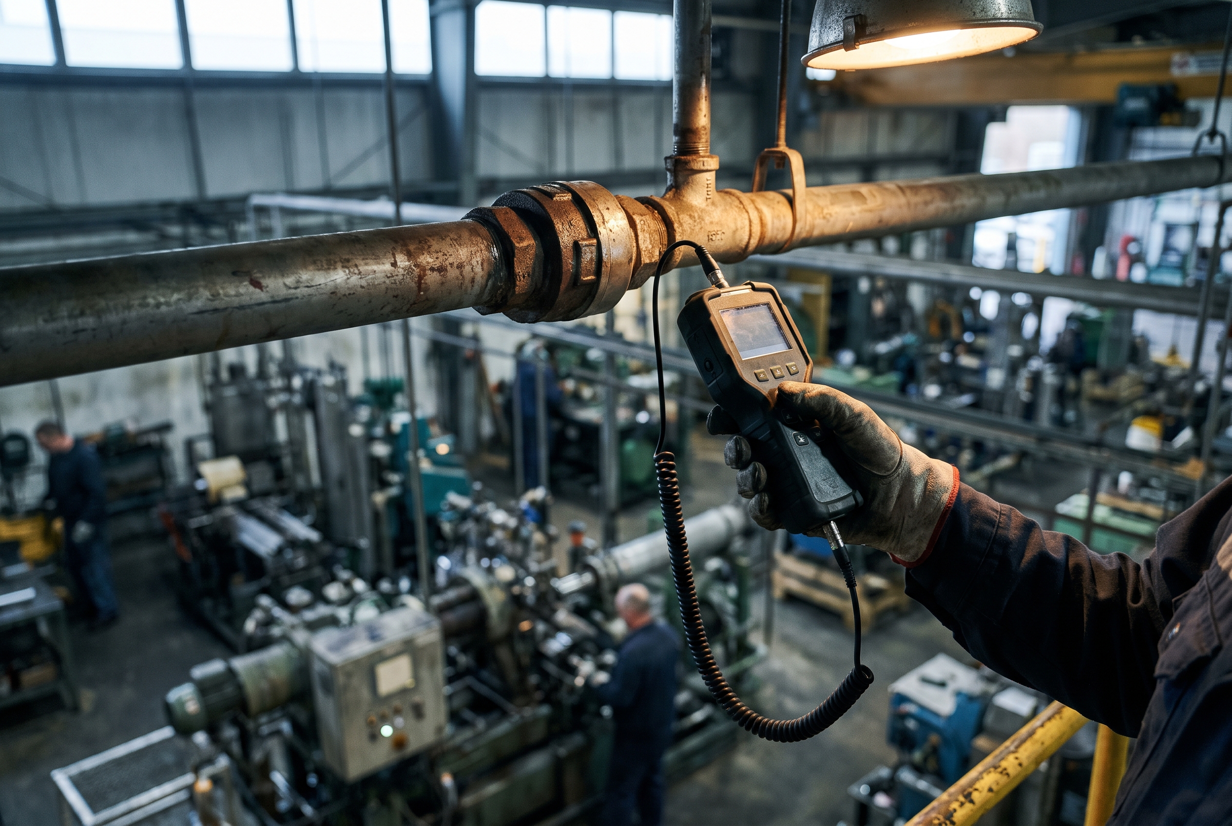 A gloved hand holds a handheld ultrasonic leak detector up to an overhead pipe coupling on a factory workstation, the background softly blurred.