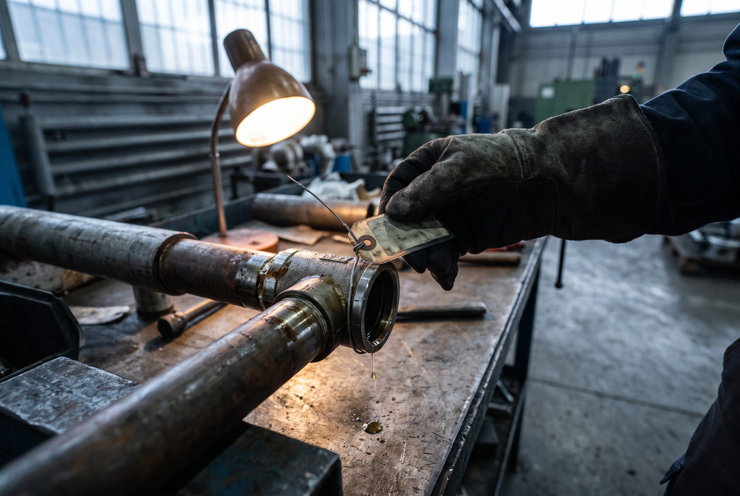 A numbered tag on a wire tie hangs from a pipe fitting on a factory workstation as a gloved hand secures it, the background softly blurred.