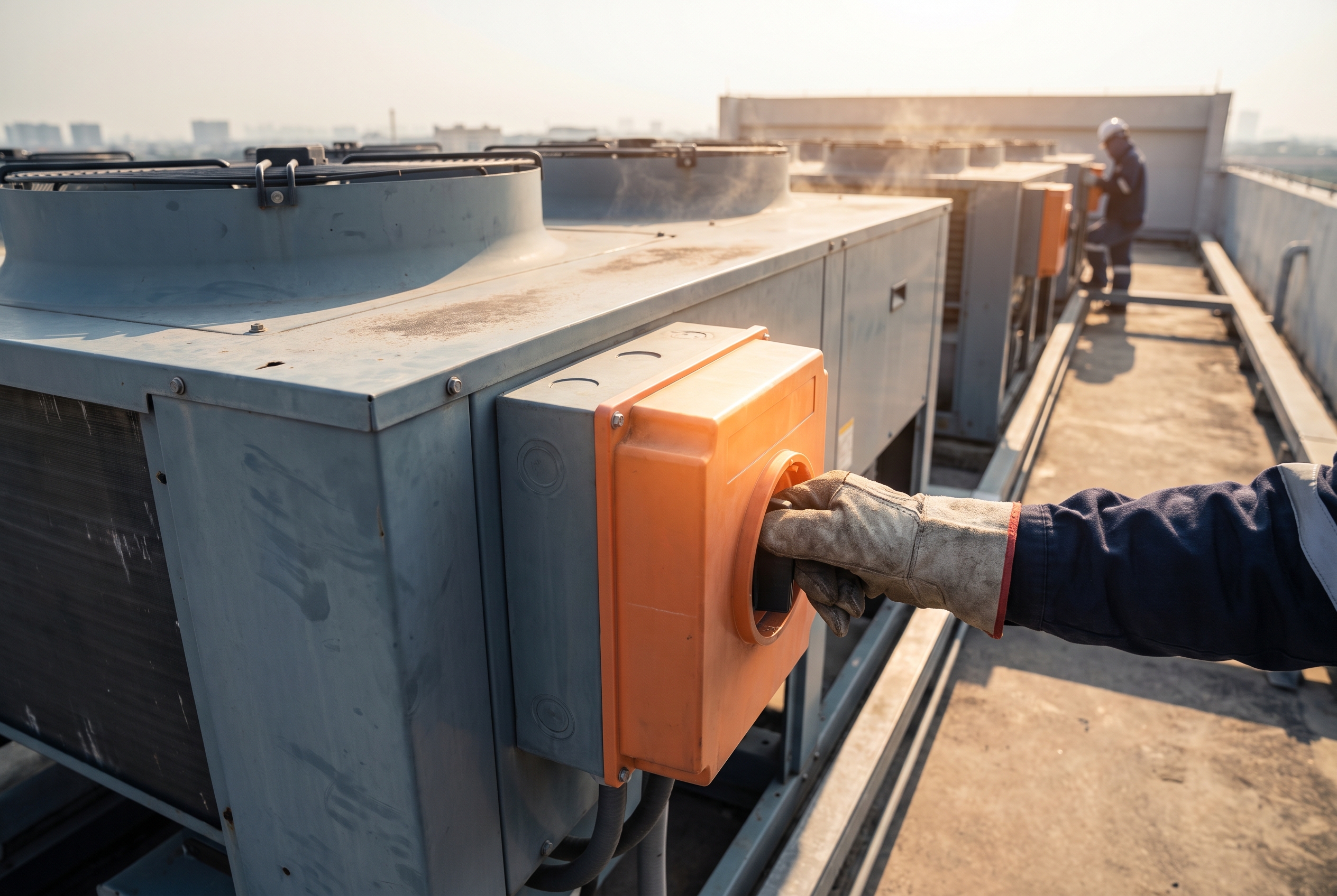 A technician's gloved hand reaches for a rooftop disconnect switch beside a row of chillers under harsh midday sun.