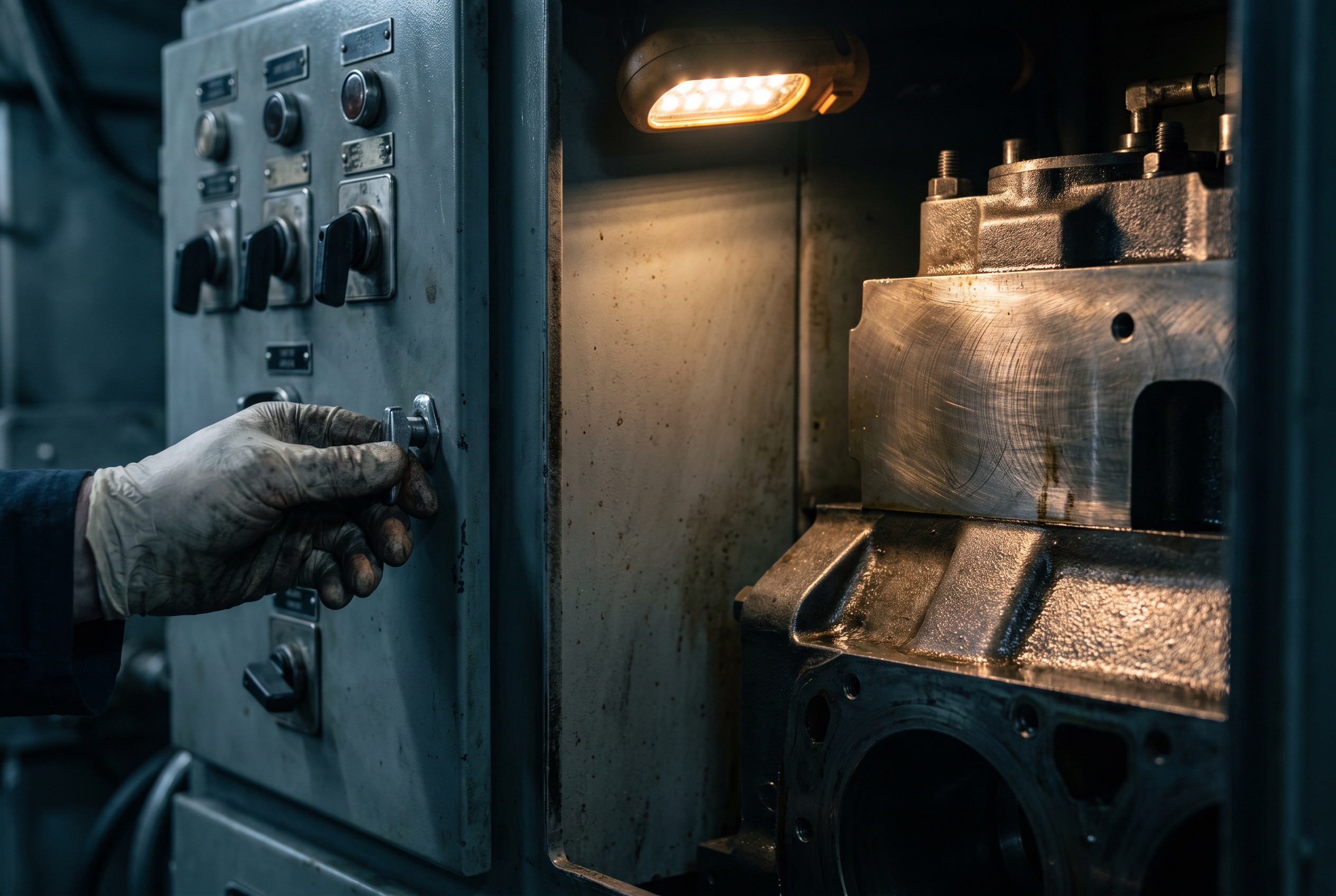 A technician's hand opens a breaker panel beside an oil-sheened backup generator engine in close macro detail.