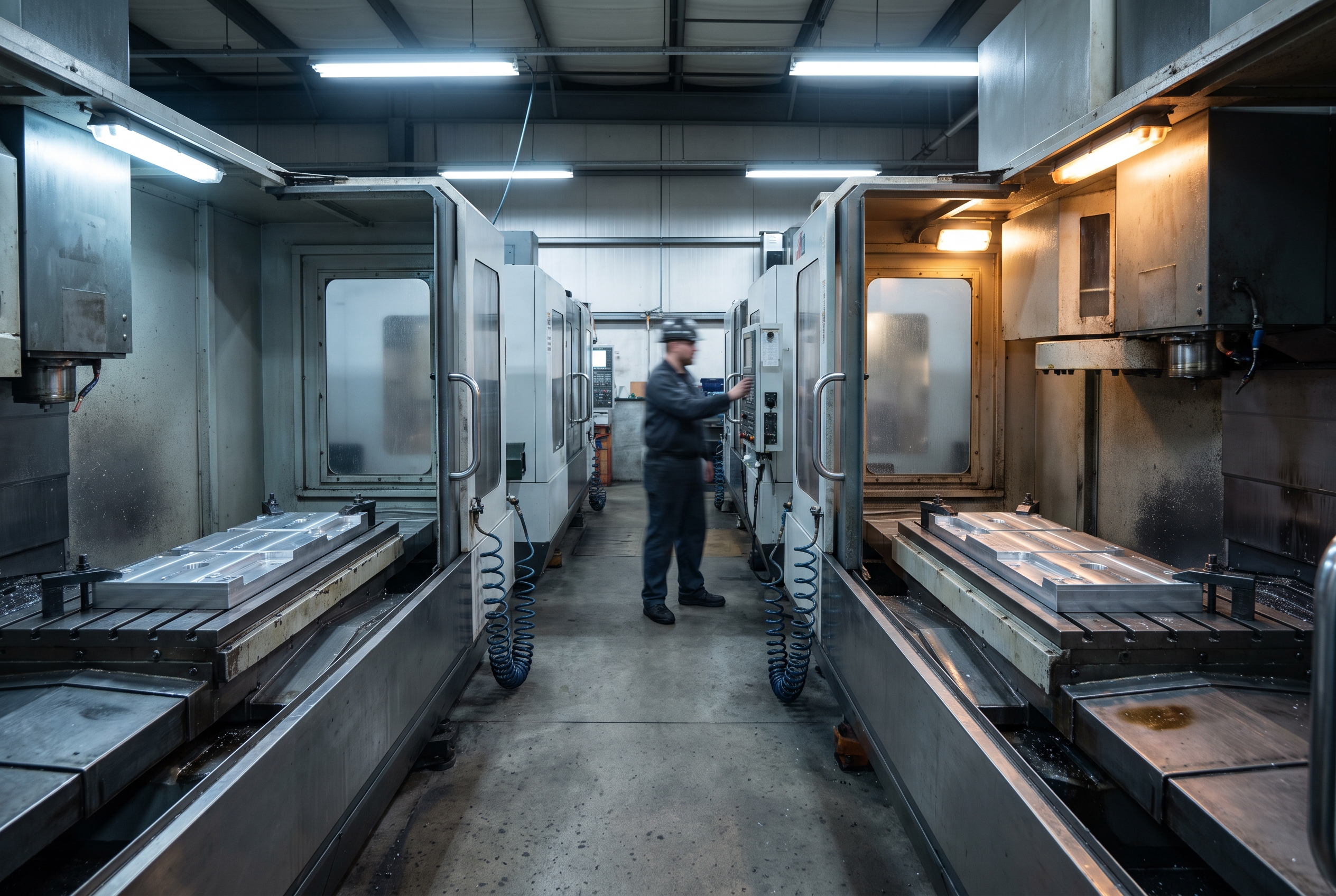Two matching CNC machining cells stand side by side down a factory aisle, with a worker blurred in the background inspecting one.