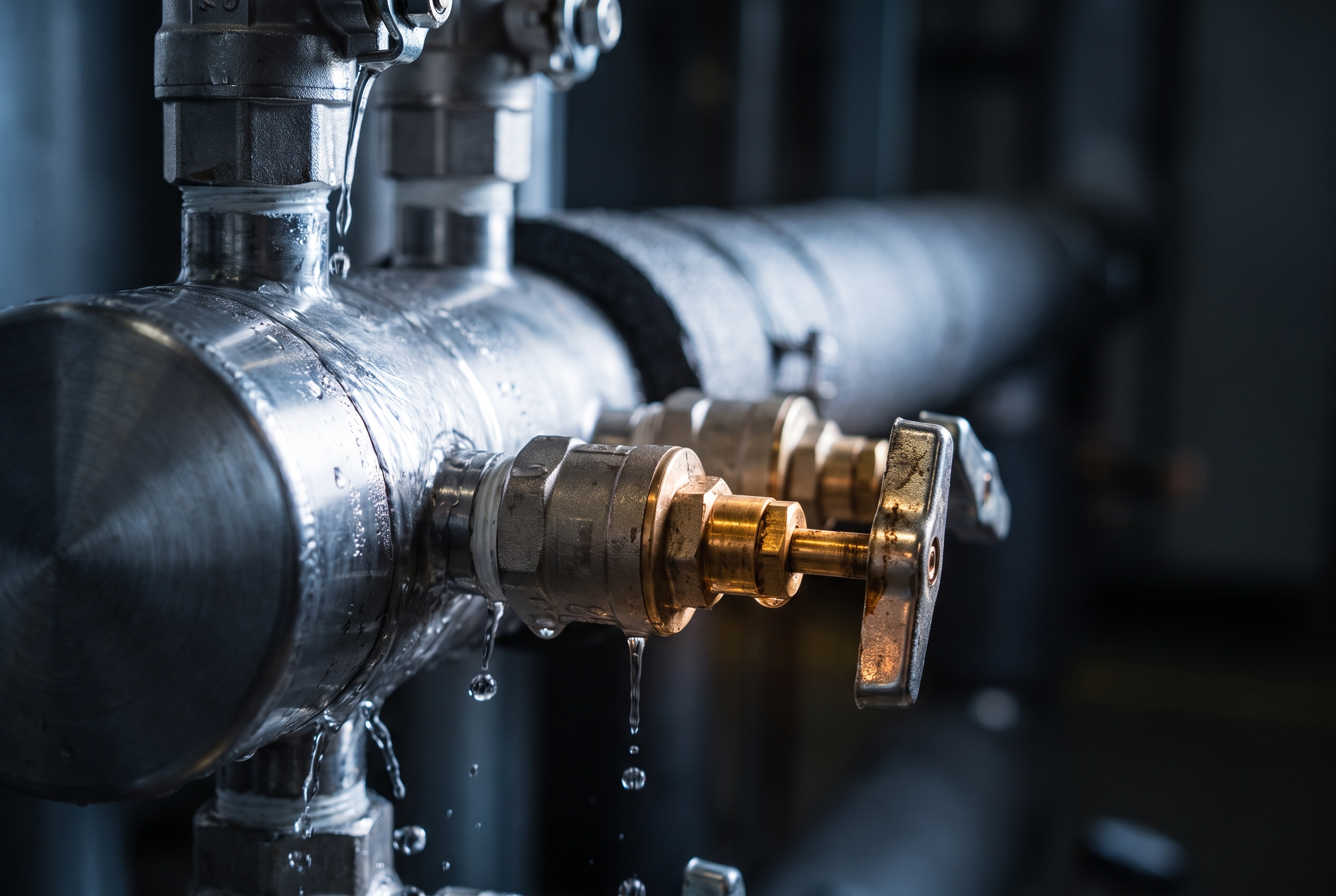 A close-up view of a wet stainless chiller manifold and valve cluster, lit by a single raking light.