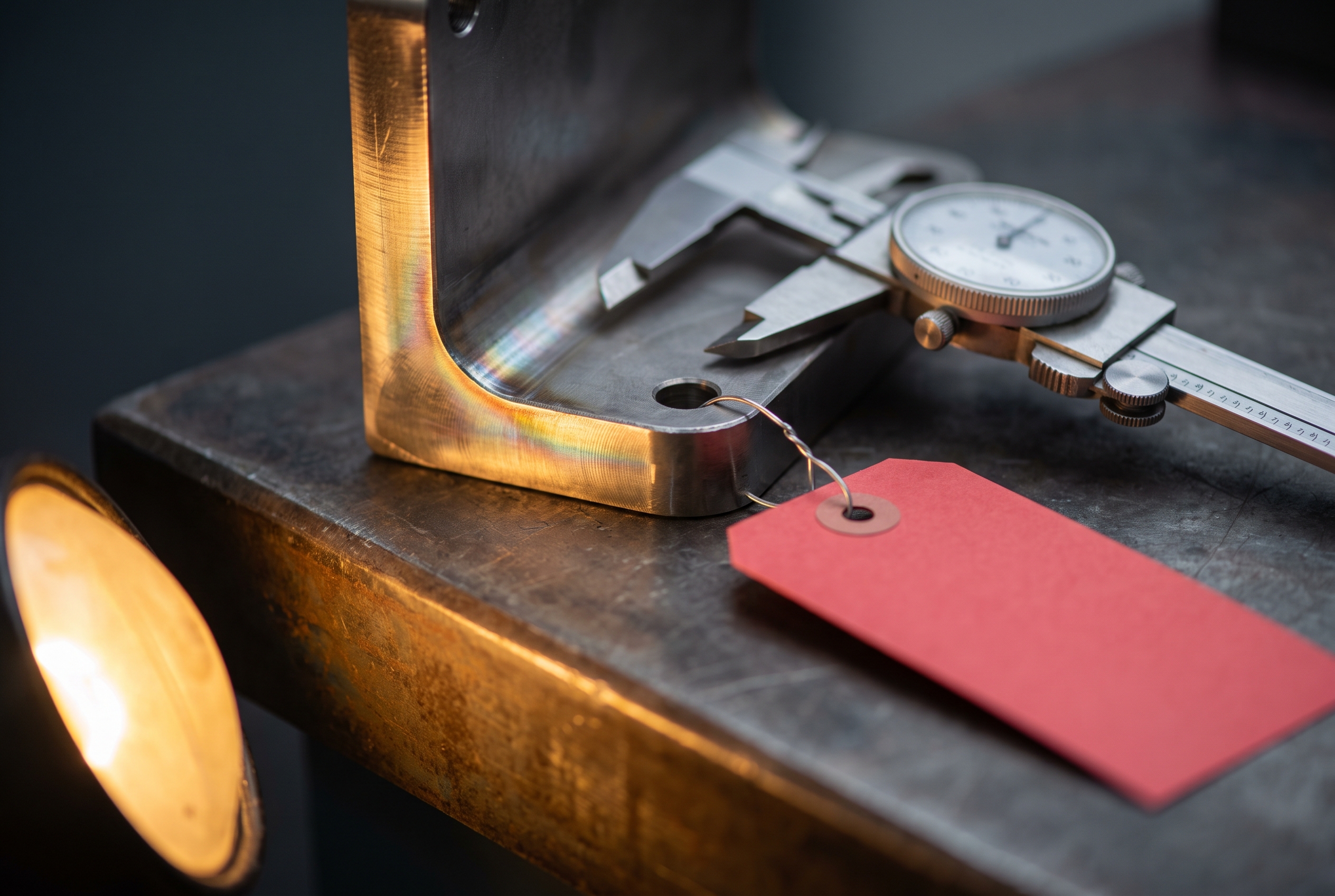 A machined metal aerospace bracket resting on an inspection bench with a caliper laid across it and a blank hold tag wired through a bolt hole, lit by a single warm lamp.