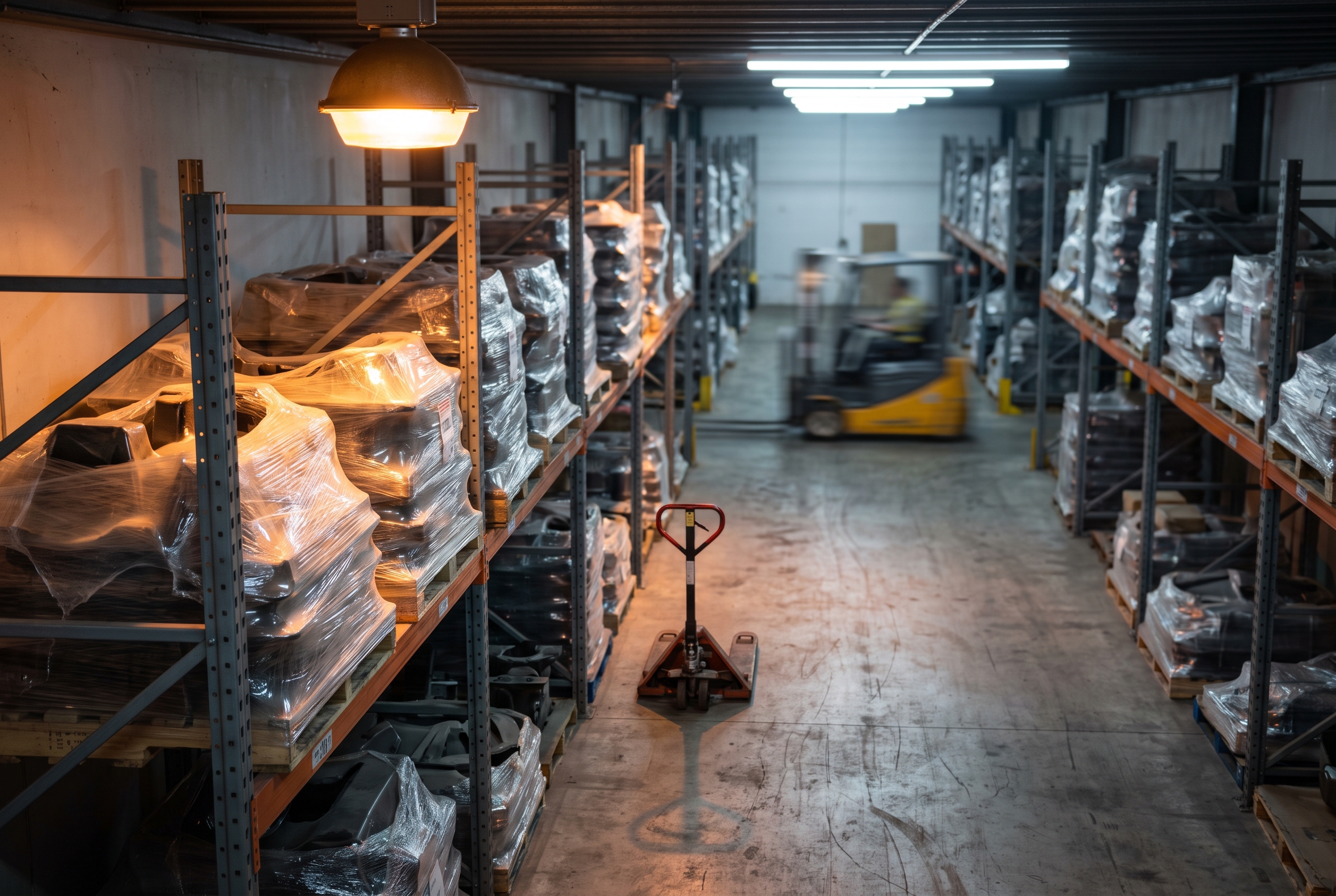 An elevated view down a warehouse aisle of shrink-wrapped parts stacked on steel racks, with a pallet jack parked nearby and a forklift blurred in motion further down the row.