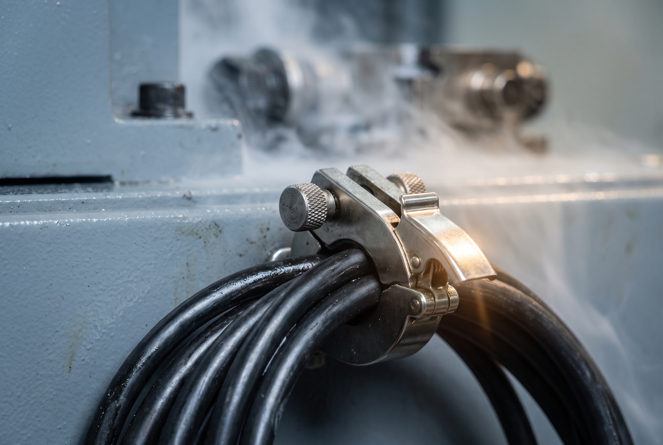 Close-up of a clamp-on current sensor fastened around a machine power cable, with coolant mist blurred in the background.