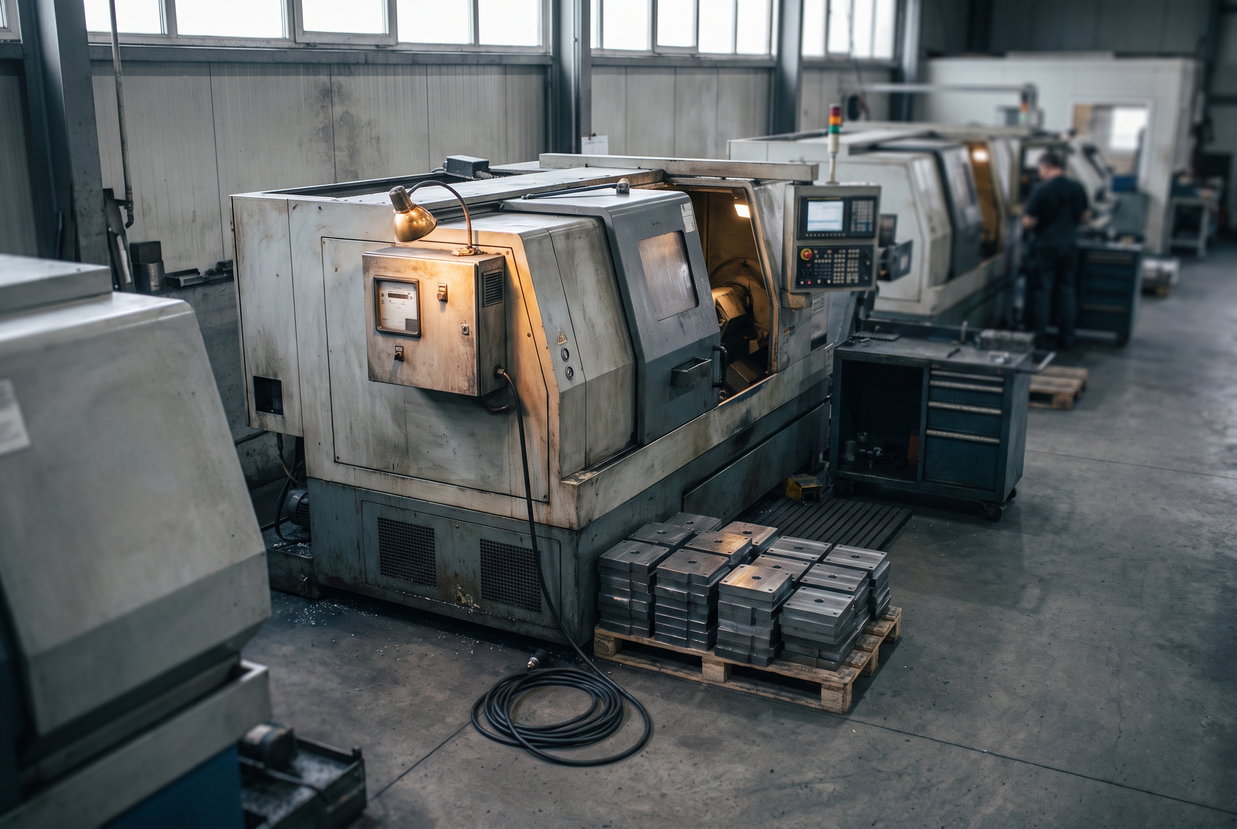 Elevated view of a CNC workstation with a mounted meter box in sharp focus, stacked metal blanks on a pallet nearby, and a blurred production line receding behind it.