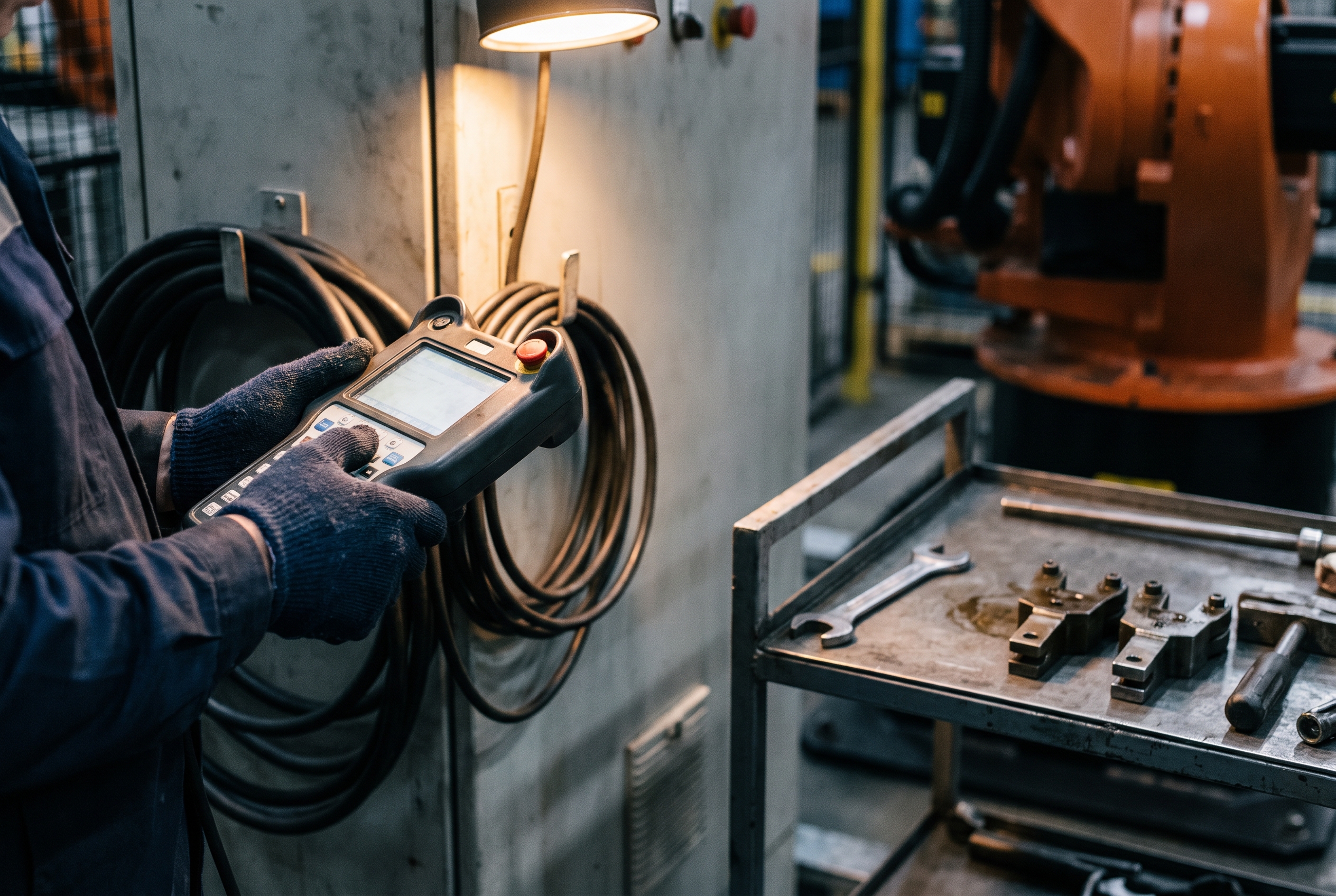 Gloved hands hold a robot teach pendant while reprogramming a tending cell, with a wrench and cables on a nearby cart.