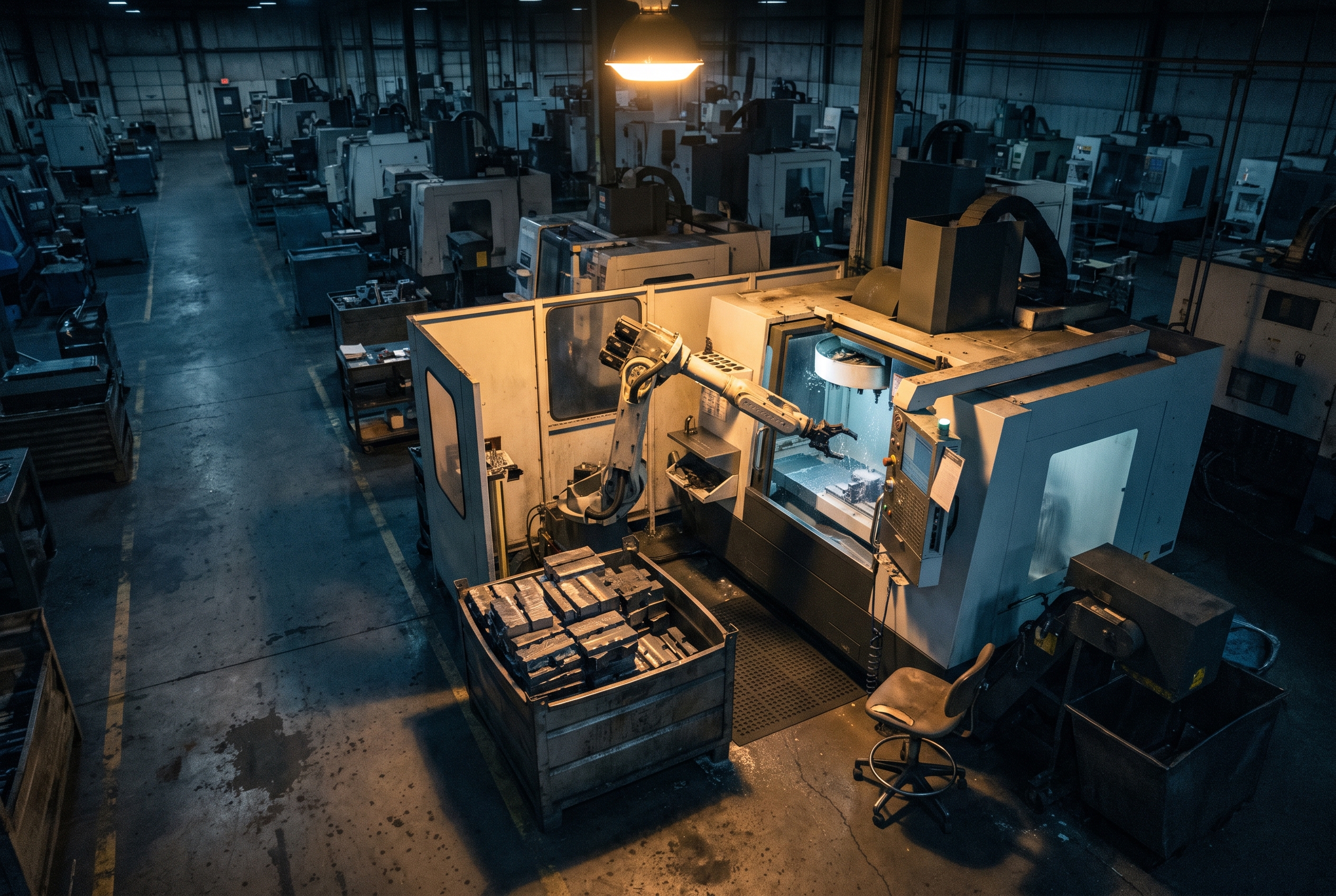 An unattended robot cell runs alone under one overhead light on a dark second-shift factory floor, with parts staged in a bin nearby.