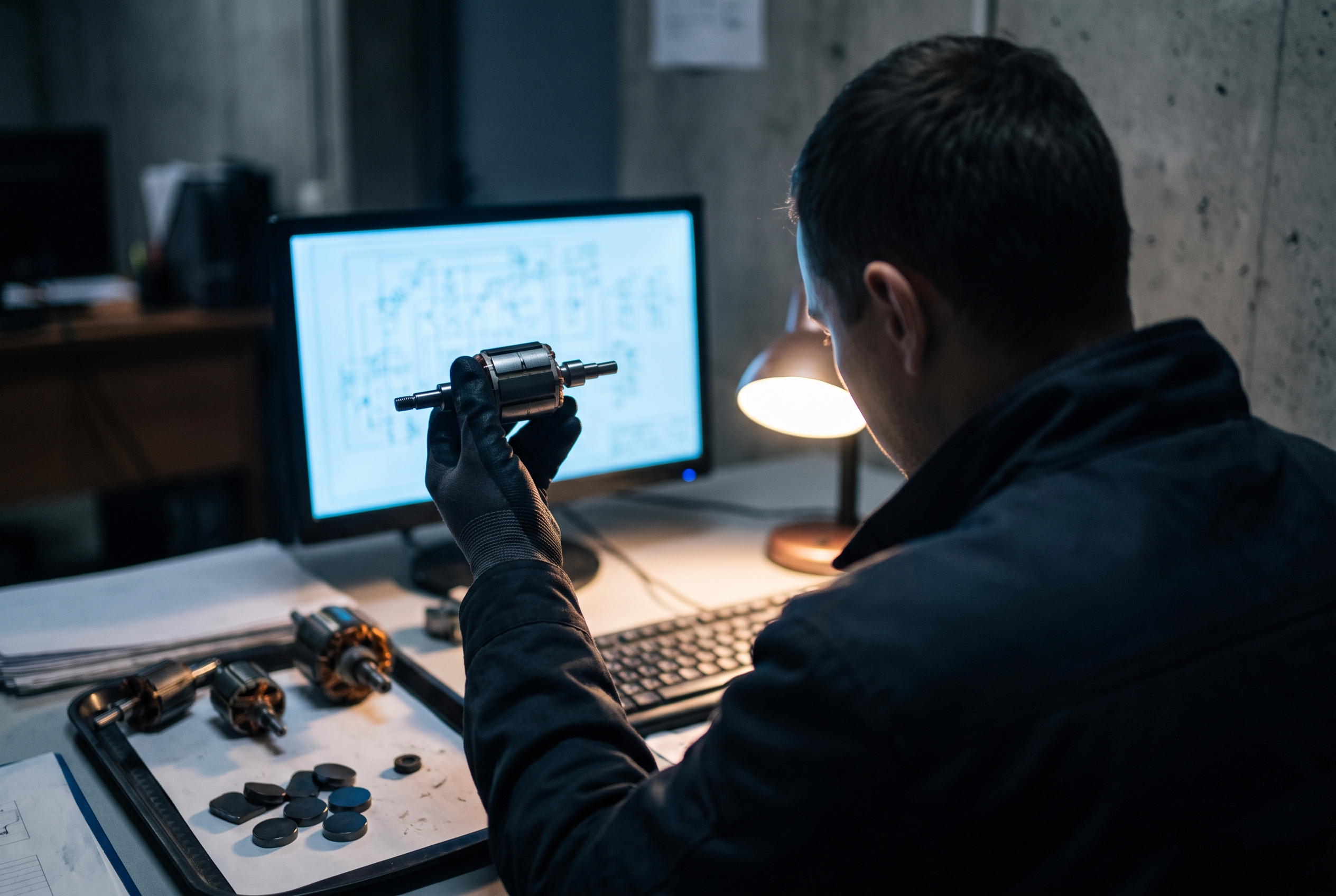 An engineer at a desk at night holds a small motor rotor near a glowing monitor displaying an unreadable diagram, surrounded by loose magnet samples in a tray.