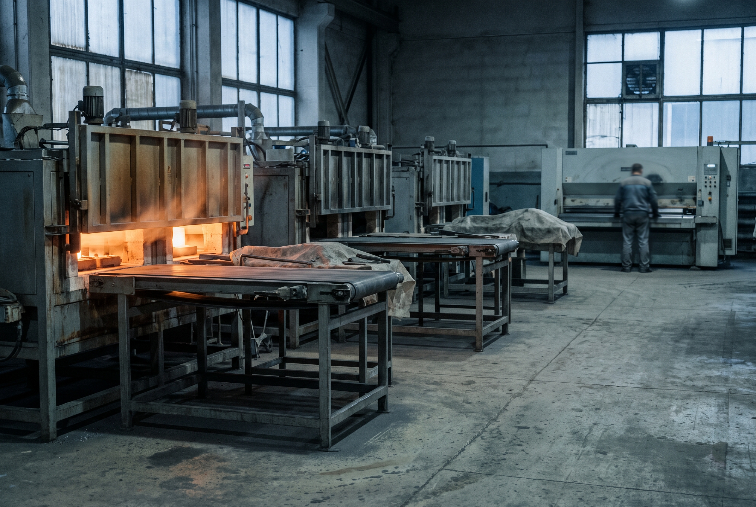 A wide view of a factory floor where one furnace line glows and runs while several adjacent stations sit dark and idle, with a blurred worker visible in the far background.