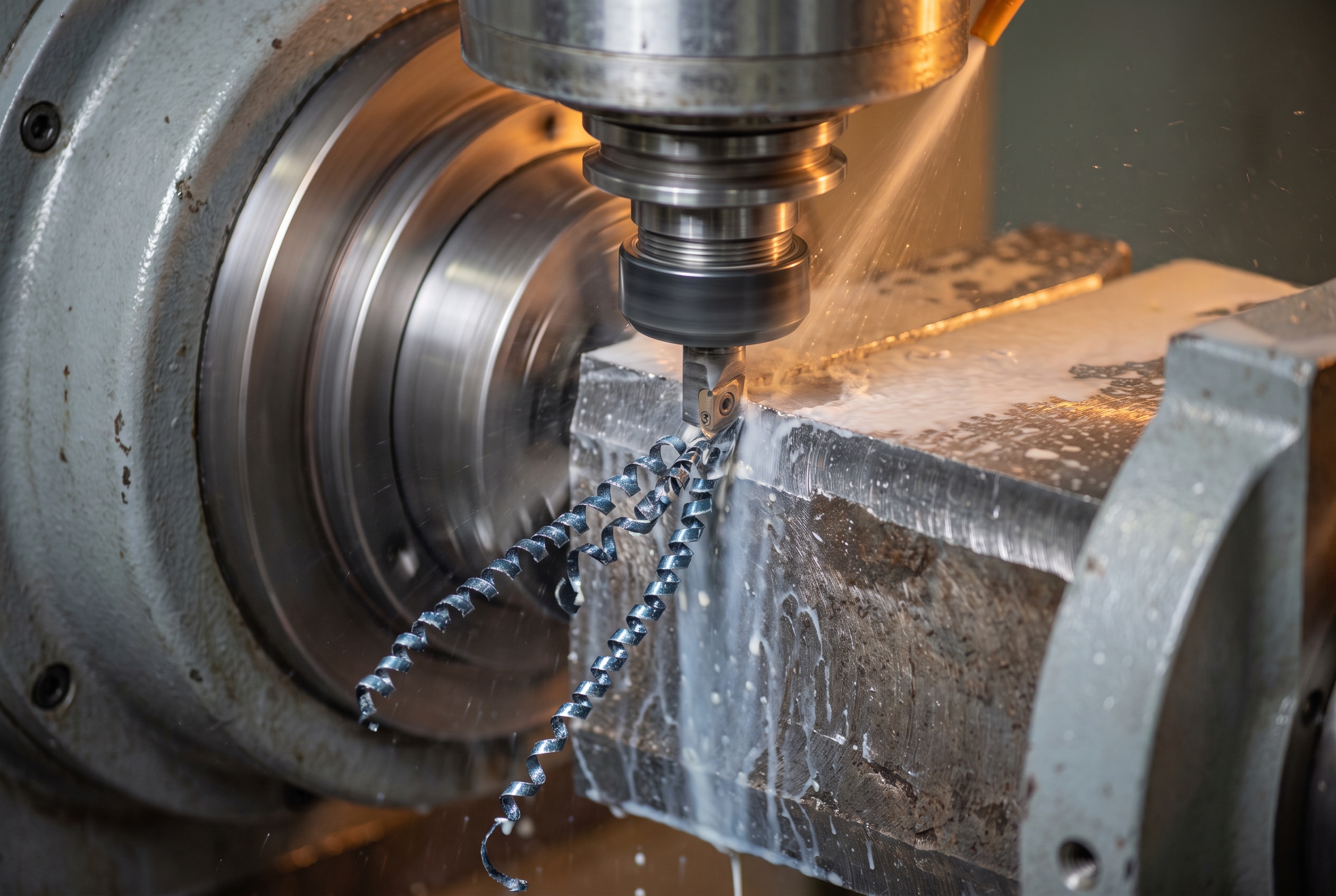 A close-up of a machine tool spindle cutting steel with coolant spray and curling metal shavings.
