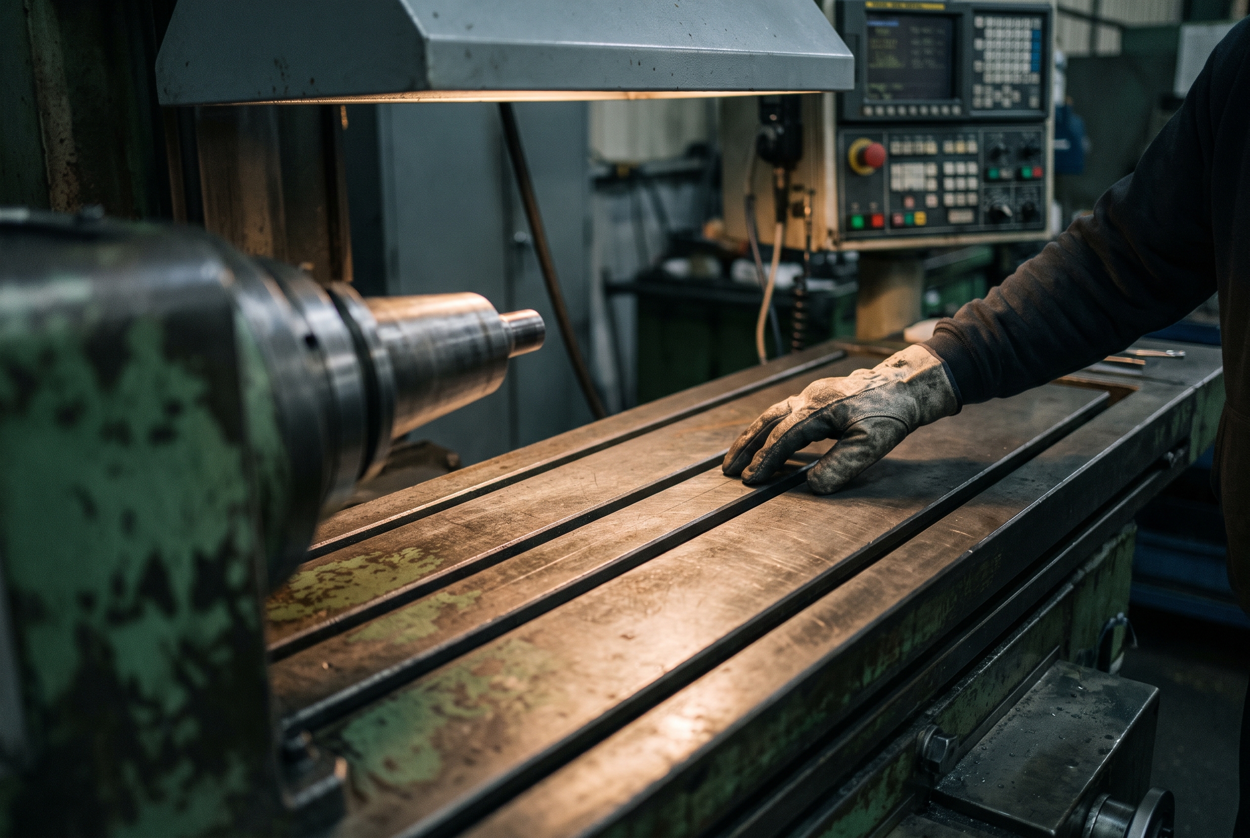 A gloved hand inspecting worn, scuffed surfaces on an older CNC machine bed near the spindle.