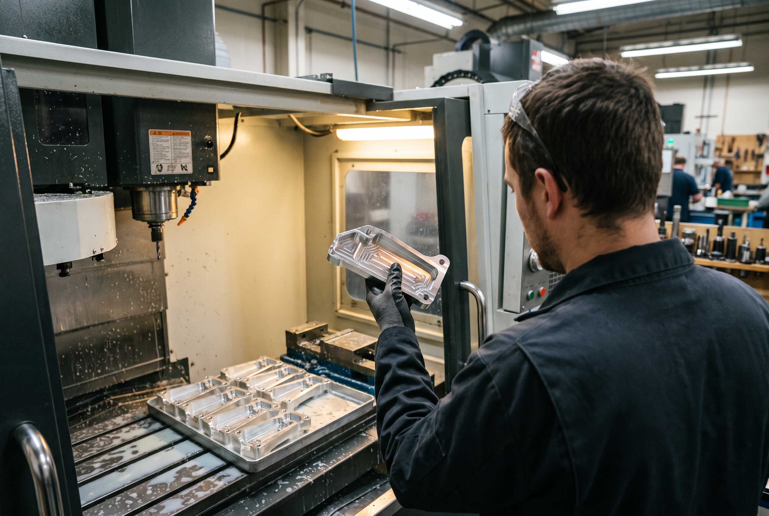 A machinist holds up a freshly milled metal part to inspect it beside an open CNC machine on a factory floor.