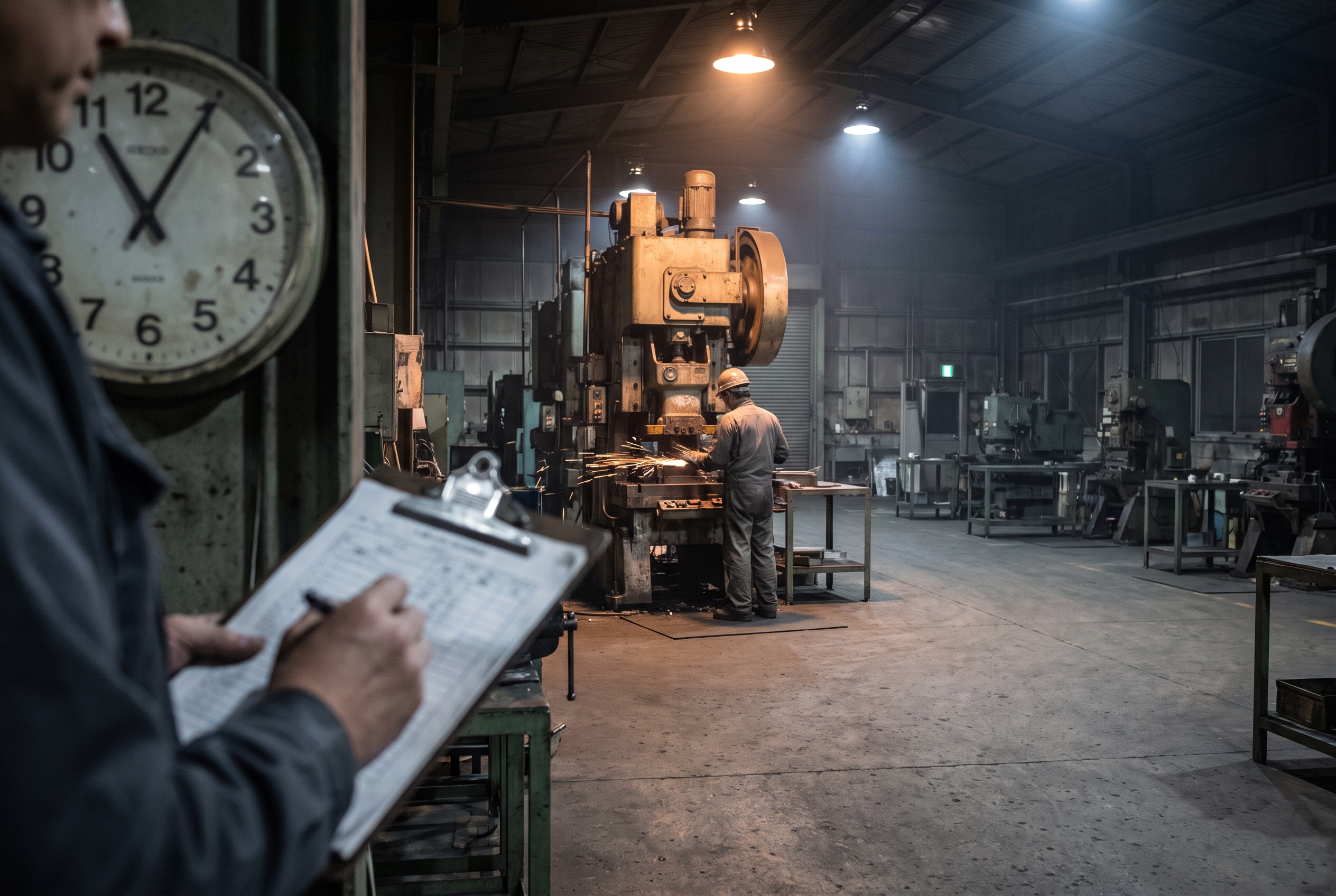 A supervisor checks a wall clock late in the evening while one worker keeps a stamping press running on an otherwise empty factory floor.