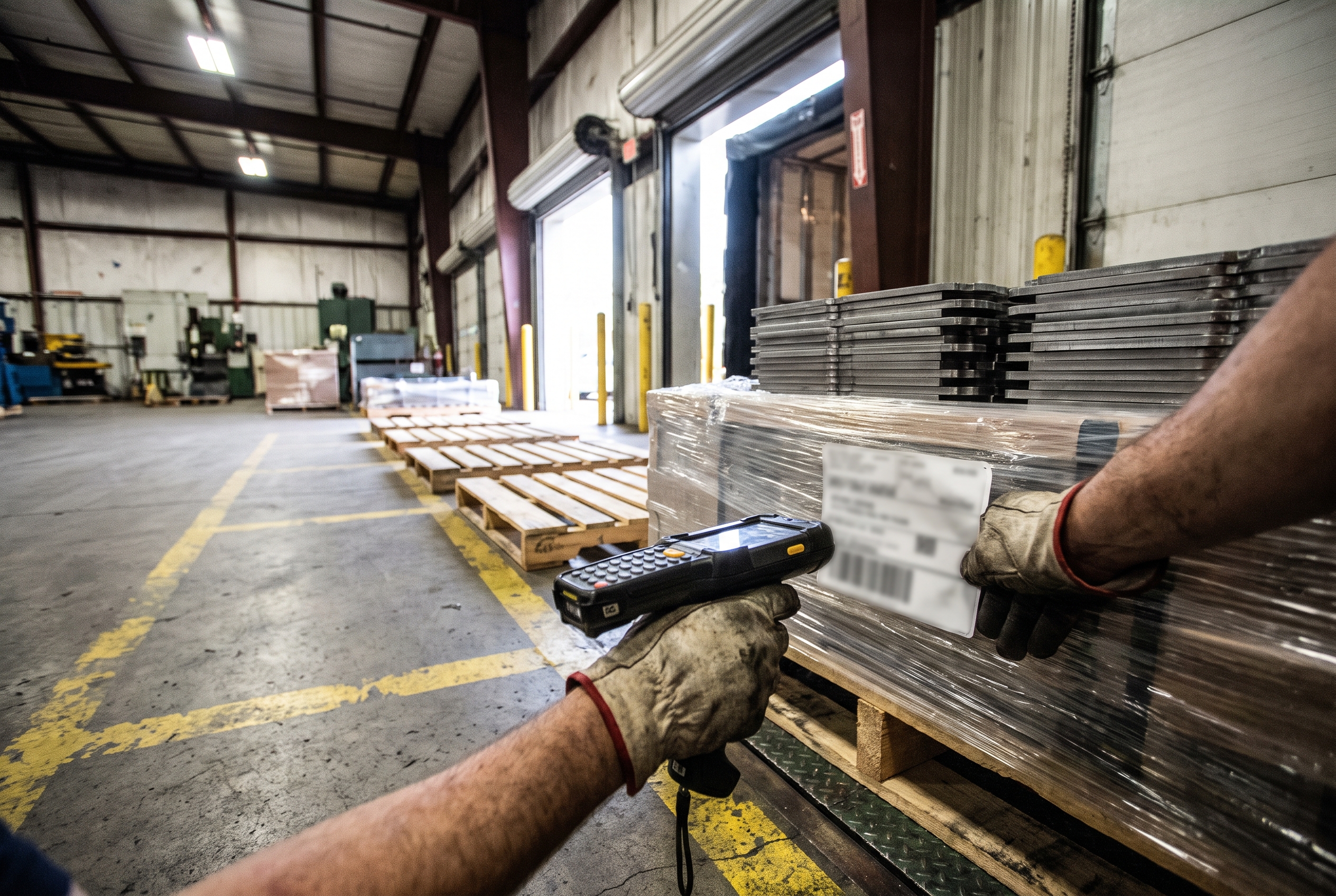 A worker's gloved hands scanning a shipping tag on a wrapped pallet at a loading dock beside rows of empty staging lanes.