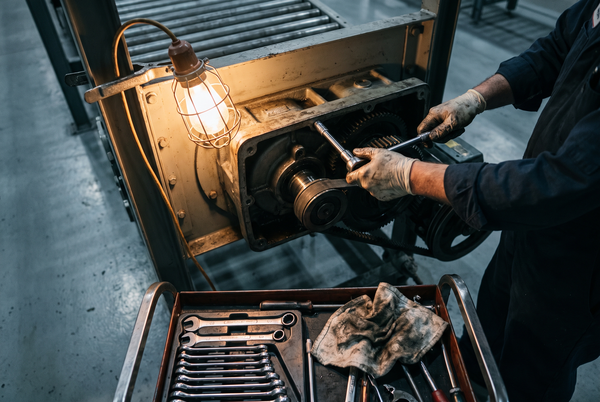 A maintenance technician's hands turning a wrench inside an open conveyor gearbox during a planned shutdown, lit by a clipped work light.
