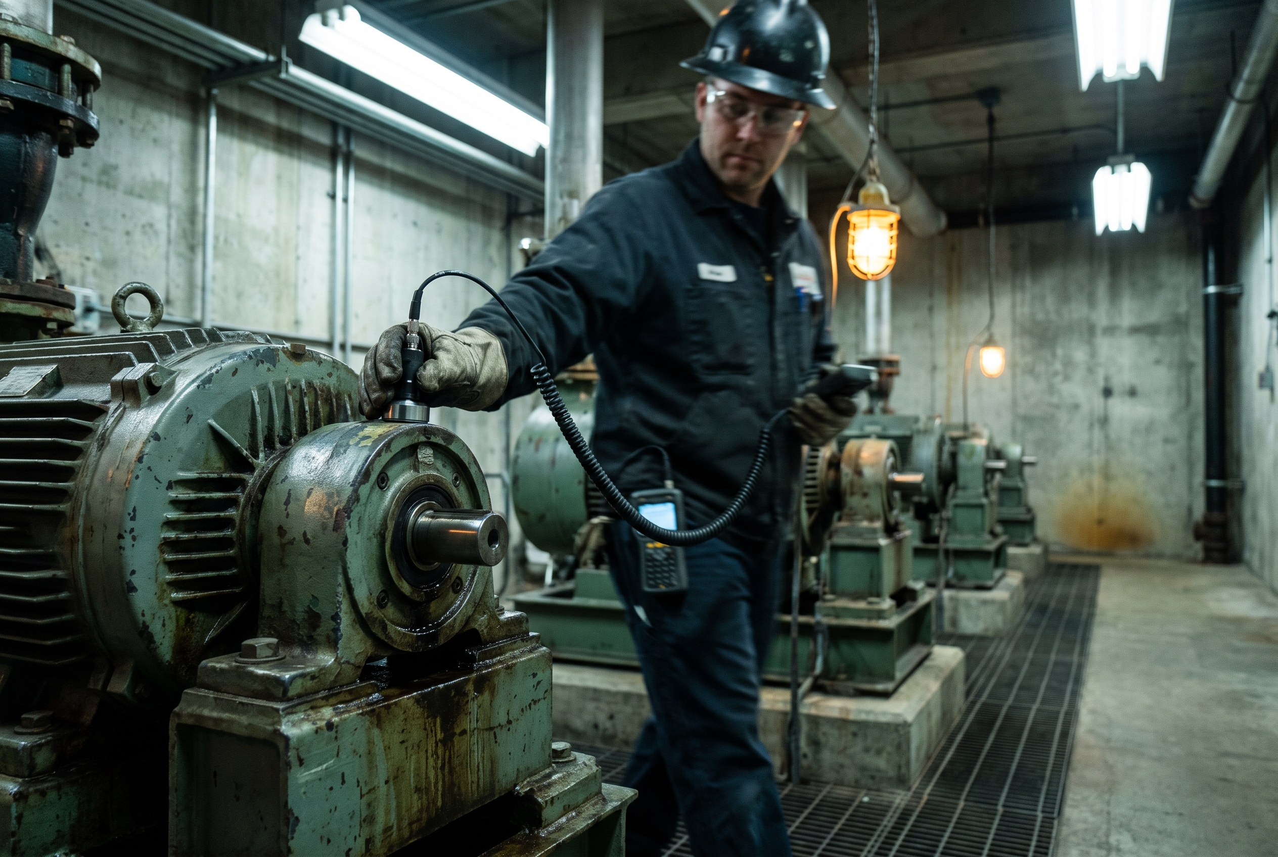 A gloved hand presses a handheld vibration probe against the bearing housing of a pump in a row of pumps, with a technician blurred in the background.