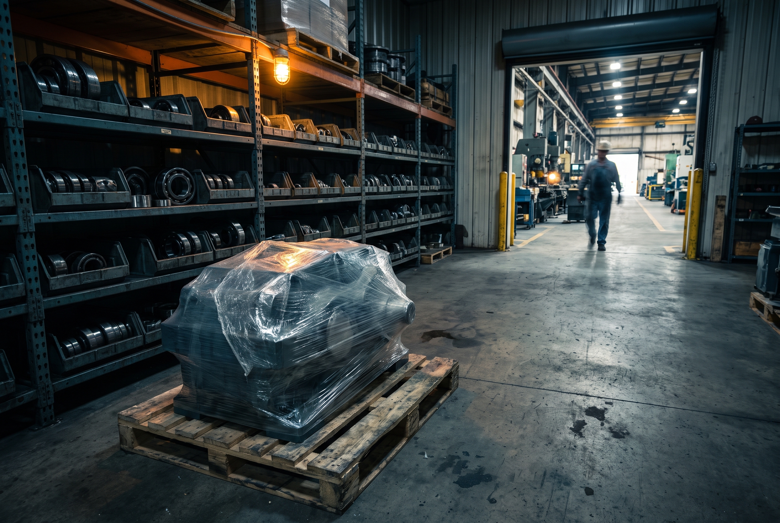 A crated spare gearbox on a pallet sits in the foreground of a maintenance storeroom, with shelves of bearings beside it and a blurred worker on the production floor beyond the doorway.
