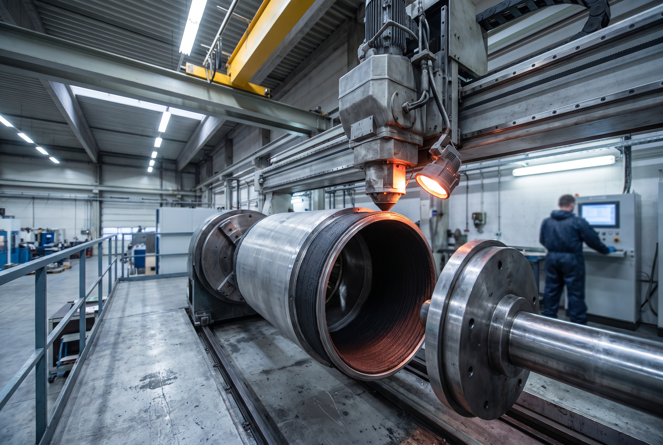 Wide view of a motor casing being built up layer by layer by a gantry-mounted print head, with a technician blurred in the background of the production bay