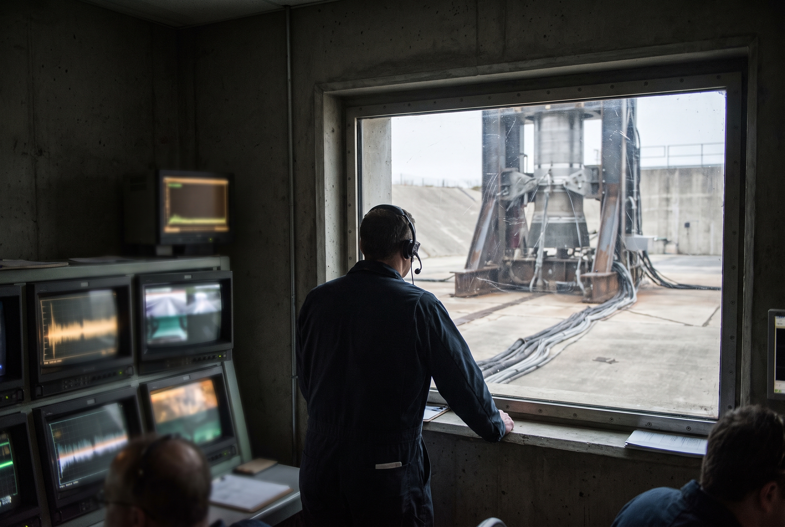 An engineer at a reinforced window watches a mounted rocket motor on a static-fire test stand, with glowing but unreadable monitors behind them