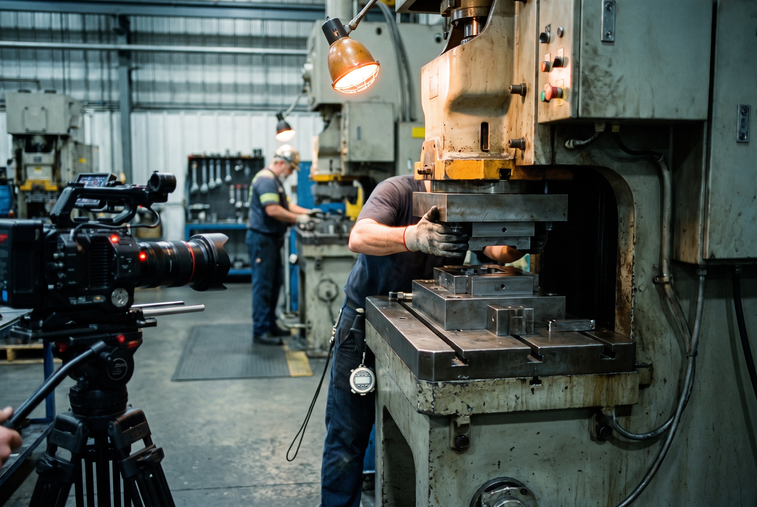 A tripod-mounted camera films a die setter's gloved hands guiding a die into a stamping press while a stopwatch hangs from the setter's belt.