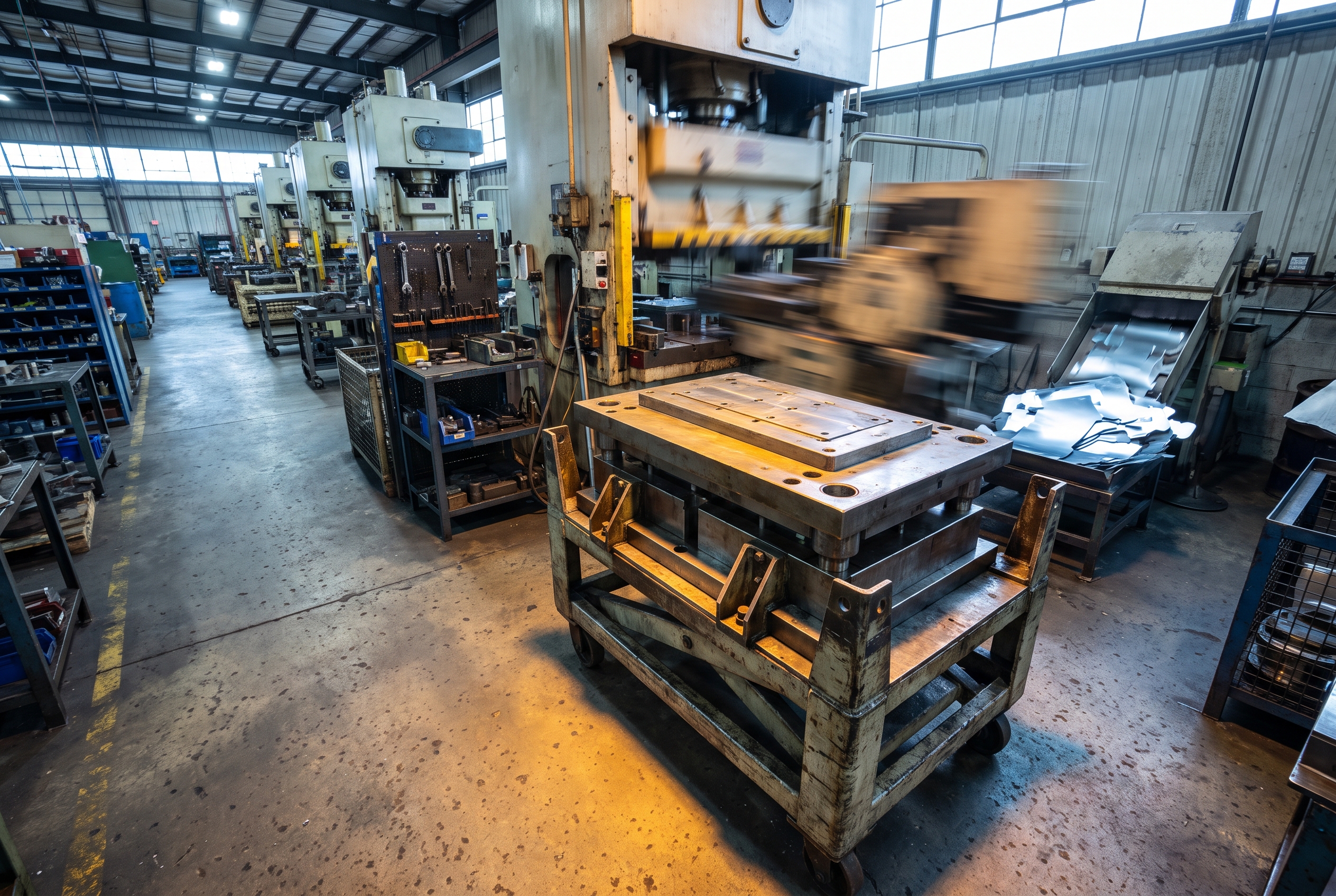 A die mounted on a rolling cart waits beside a stamping press that is still cycling, with finished metal blanks stacking at the exit chute.