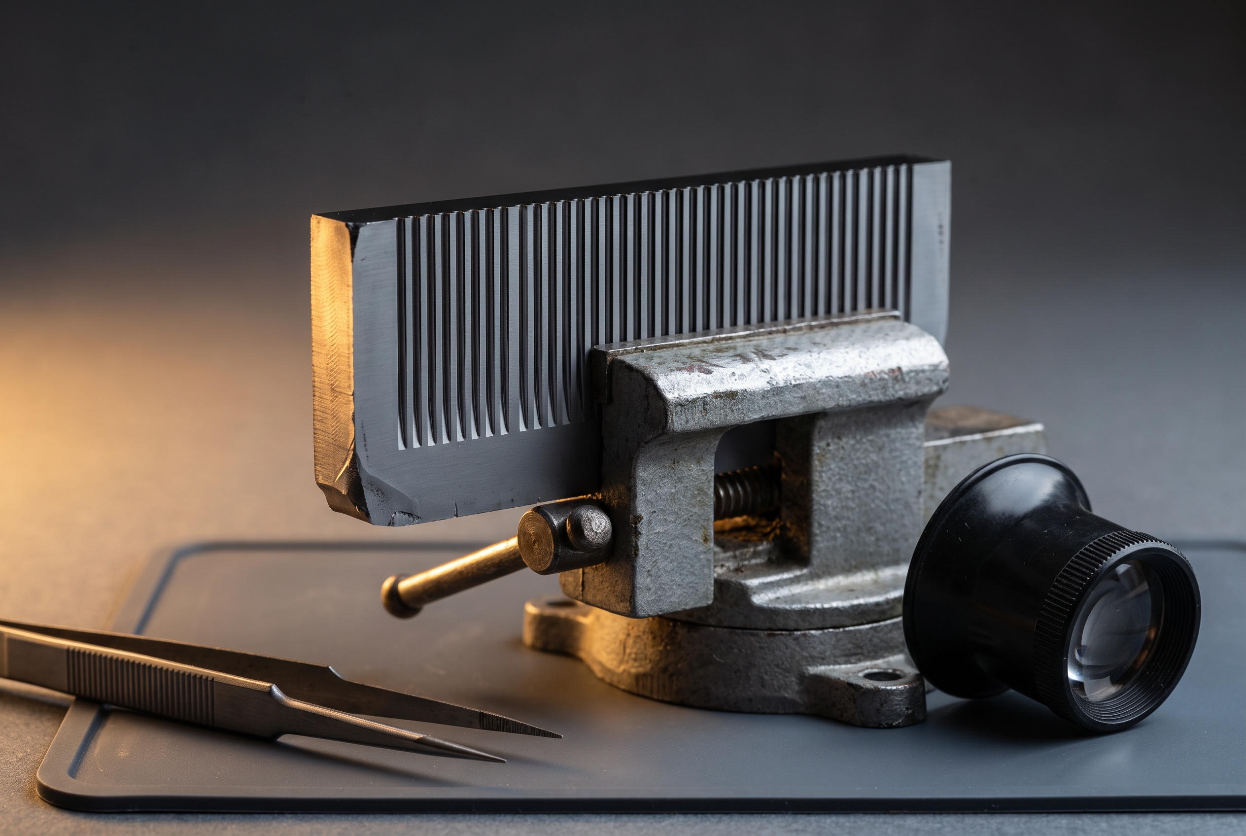 Close view of a cut silicon sliver held in a small vise, its exposed edge etched with many narrow parallel trenches catching low side light.