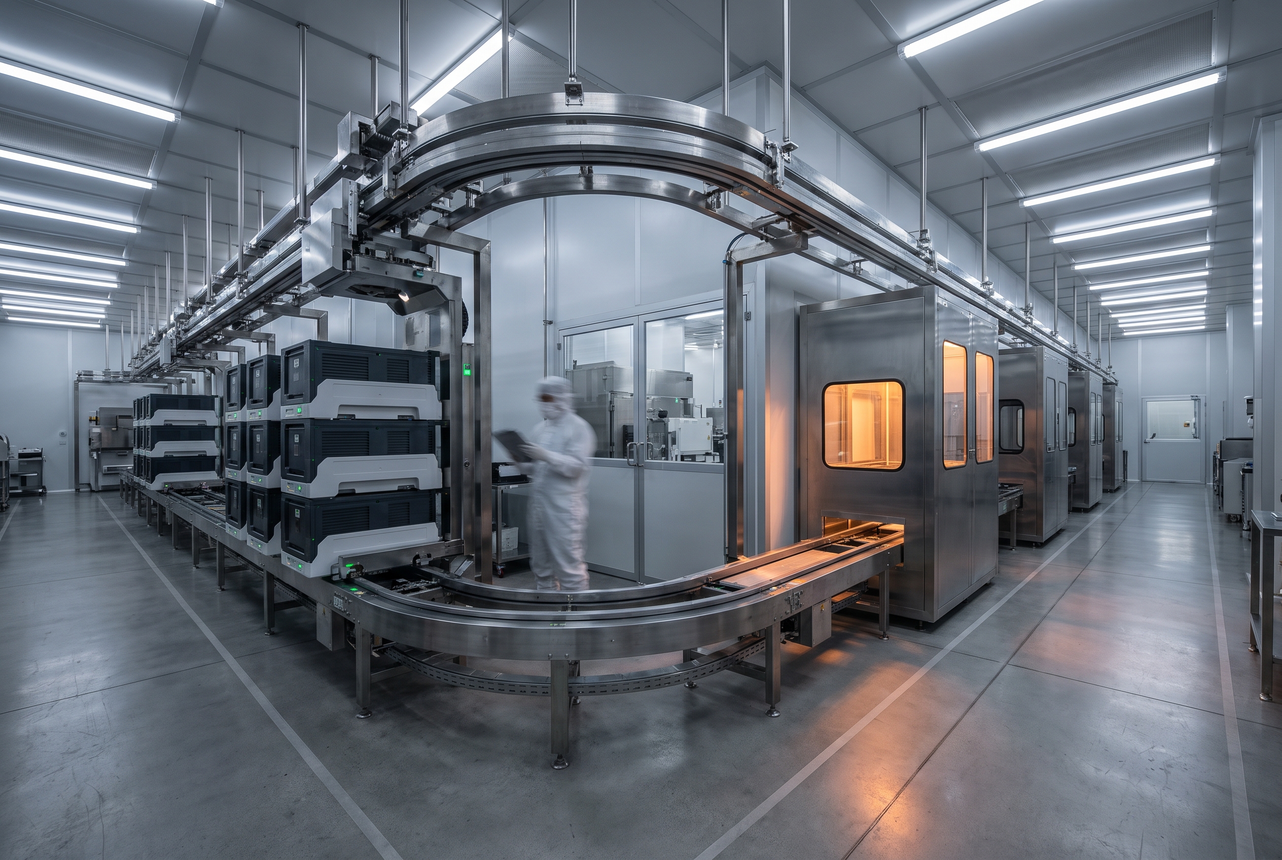 Wide view of a wafer fabrication bay with stacked transport pods on an overhead track and a cleanroom-suited worker blurred in the background.