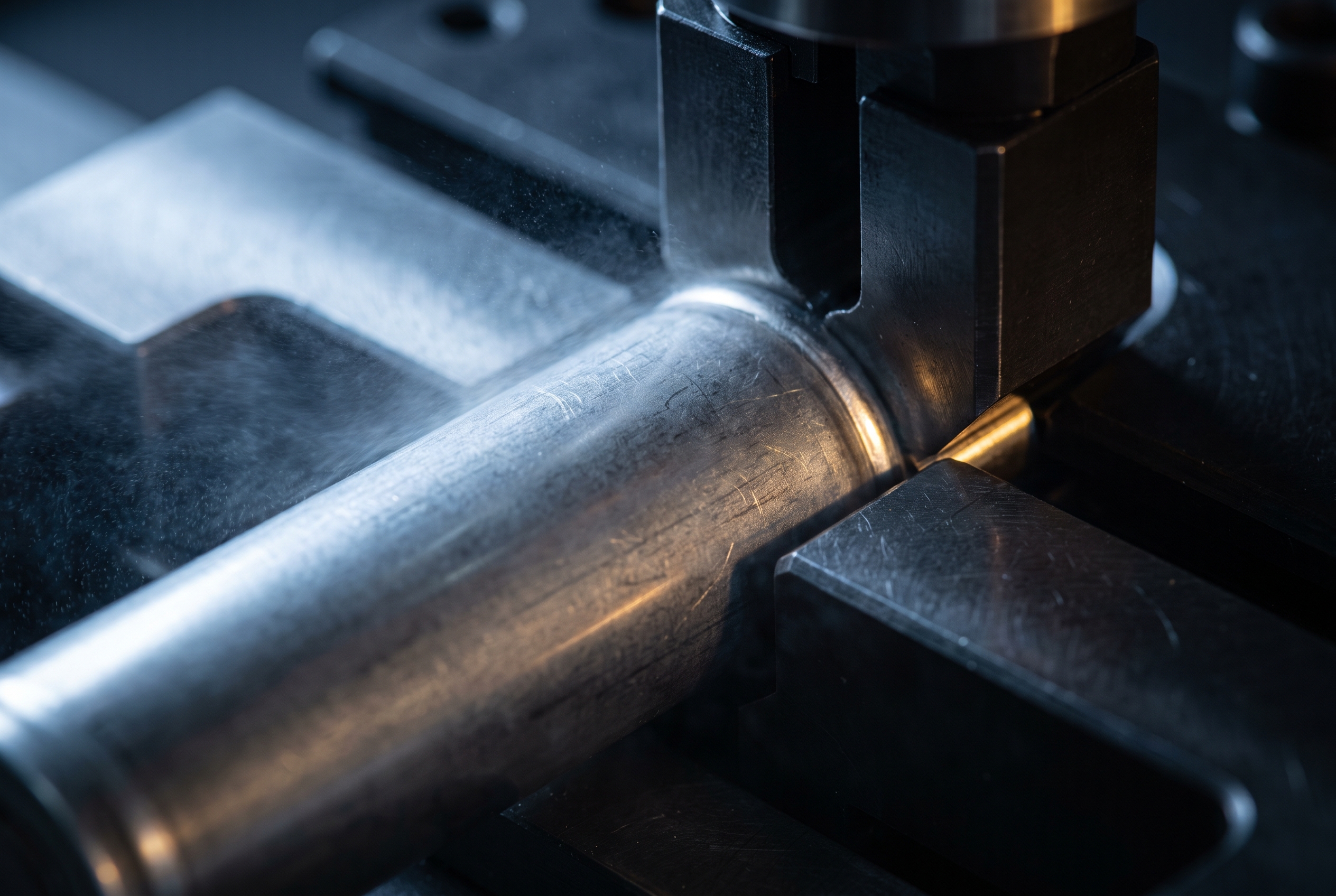 Extreme close-up of a cylindrical battery cell being crimped into a steel fixture with a fine coolant mist catching warm light.