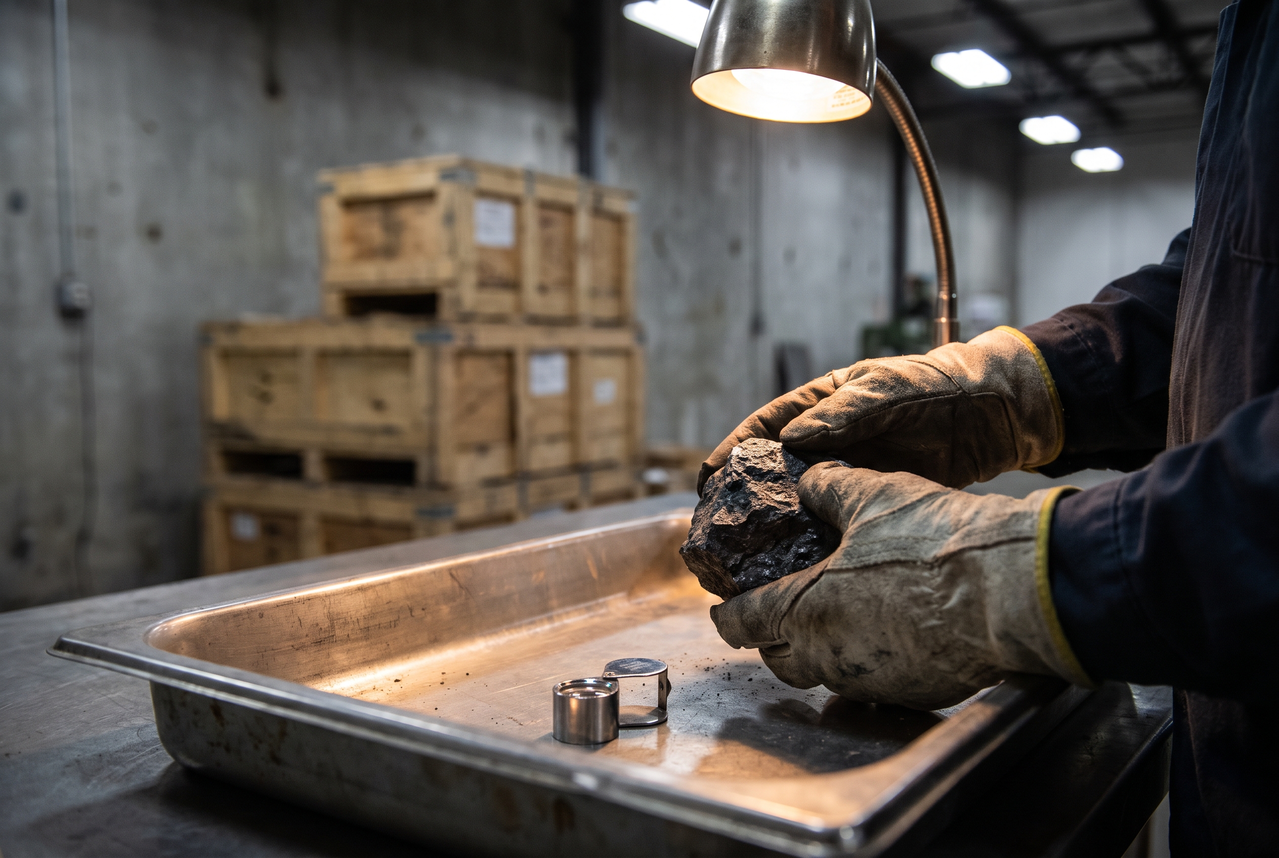 Gloved hands examining a raw mineral ore sample over a steel inspection tray with a blurred shipping crate in the background.