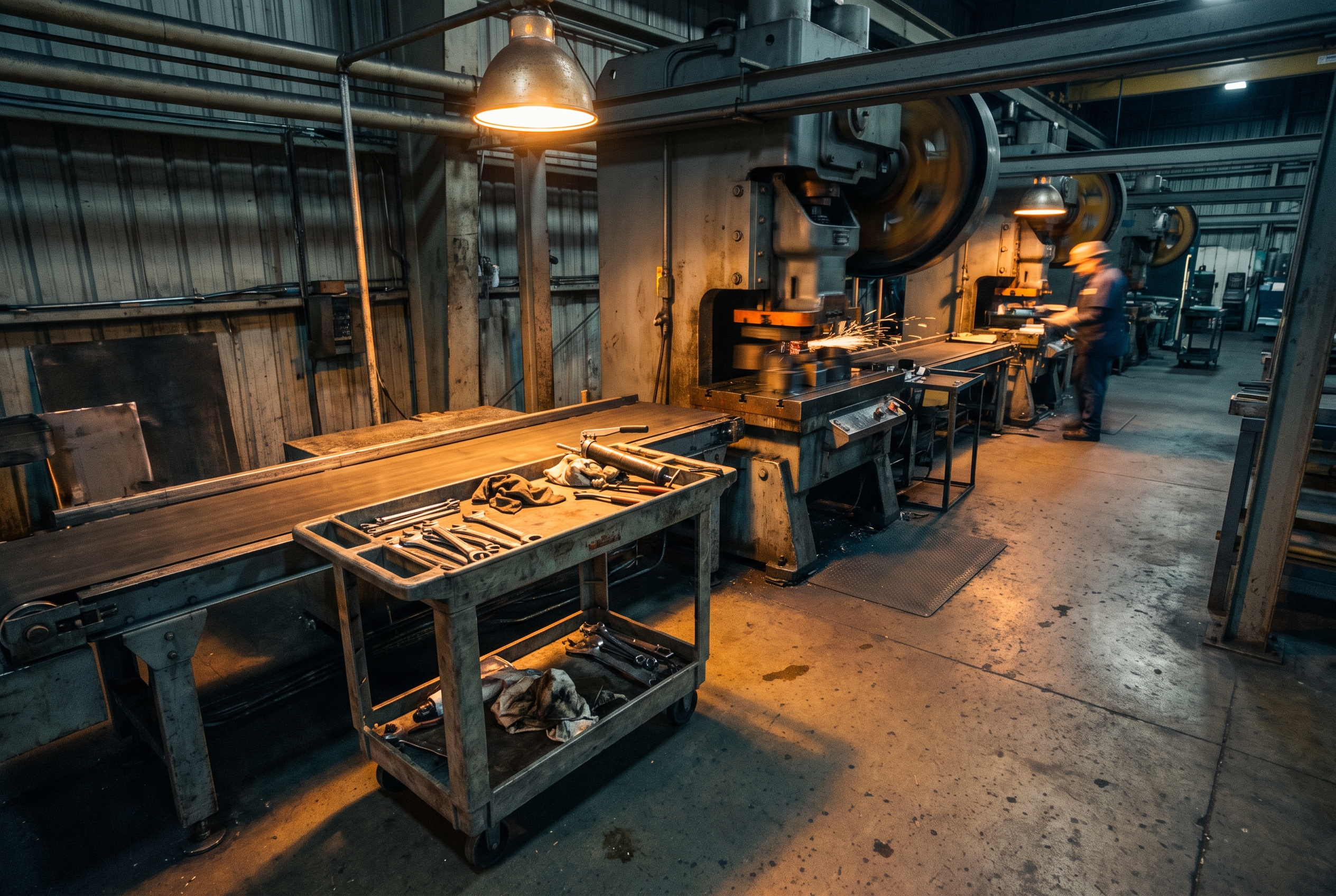 An idle maintenance cart with tools sits beside a running stamping line during a night shift, with a blurred worker further down the floor.