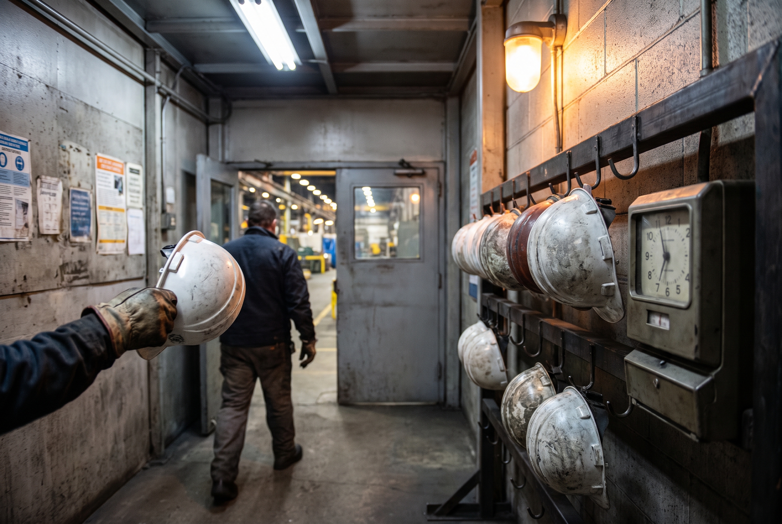A worker reaches for a hard hat from a rack beside a time clock as another worker exits toward the plant floor during a shift change.