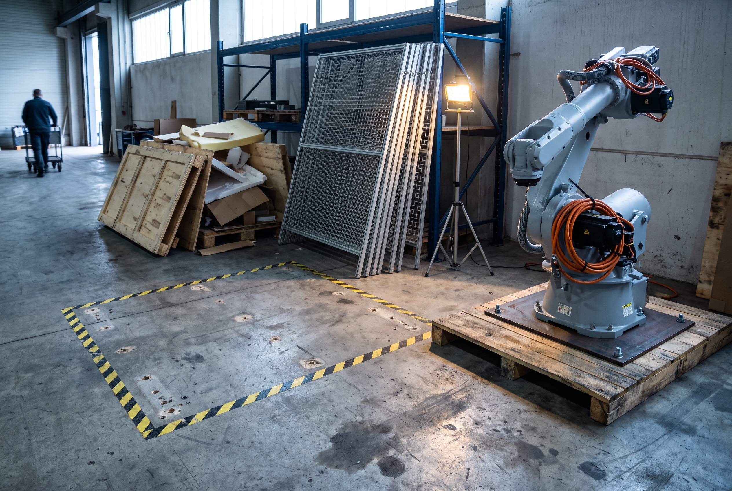 A robot arm just unboxed and standing on a wooden skid in a factory corner, with a taped floor outline, bare anchor holes and stacked guard panels showing the cell that is not yet built around it.