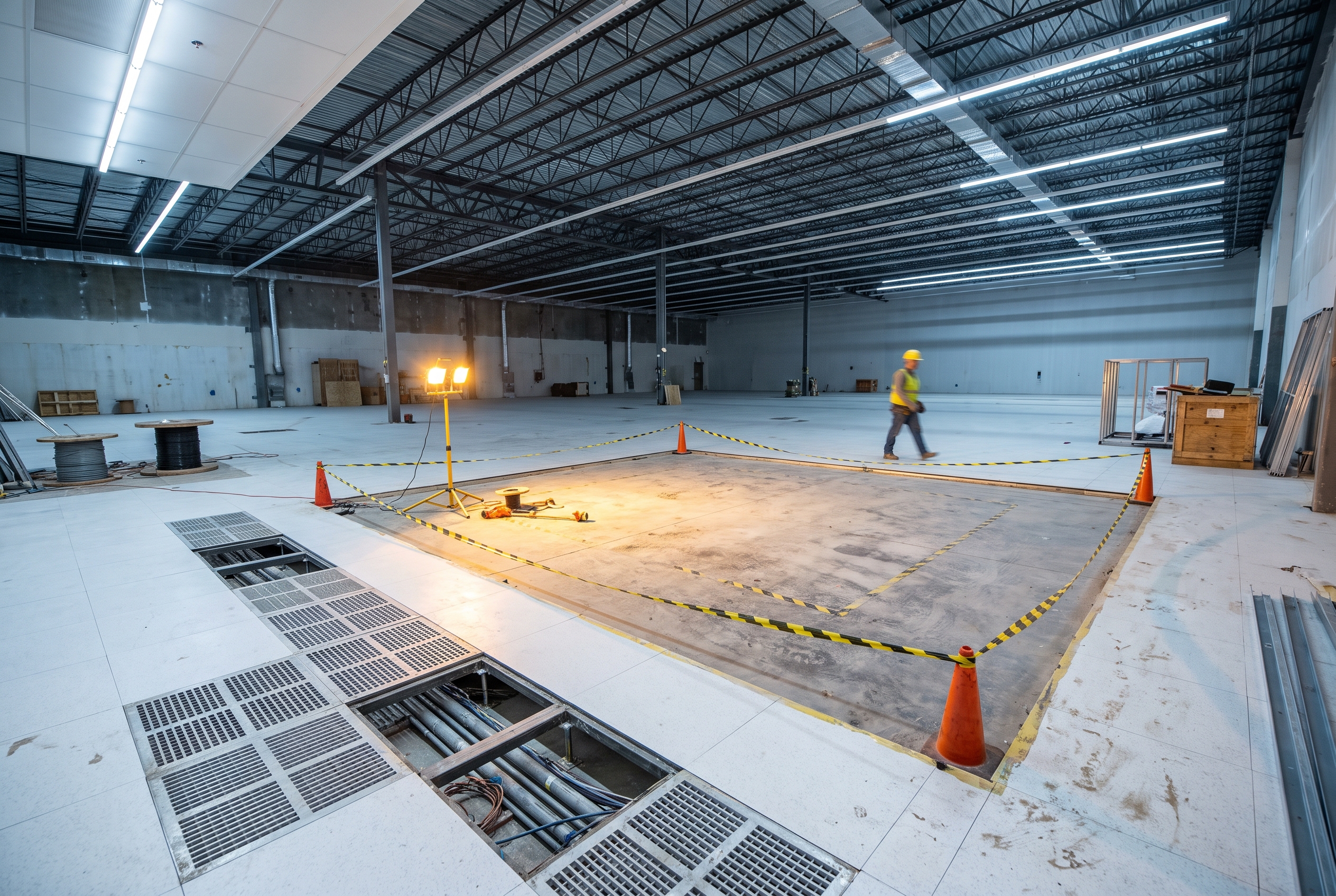 Inside an unfinished semiconductor cleanroom shell, steel trusses overhead and a taped-off empty floor pad awaiting equipment, with a construction worker blurred in the distance.