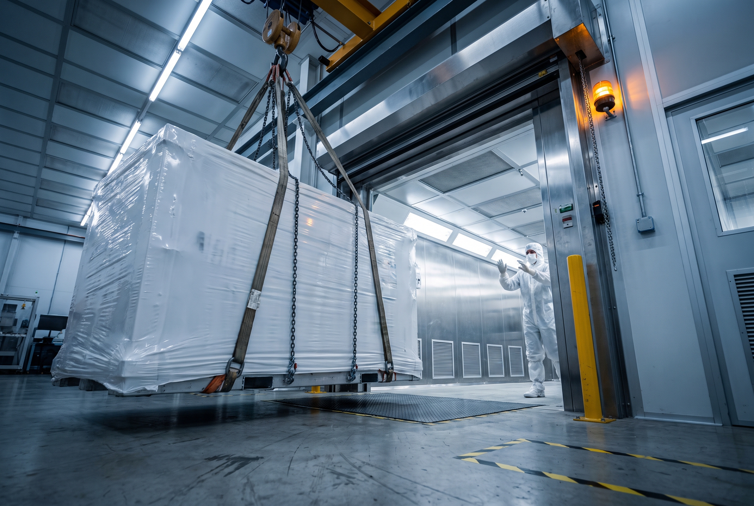 A large wrapped equipment crate suspended by crane rigging at a fab loading-dock threshold, with a cleanroom-suited technician blurred in the background directing the move.