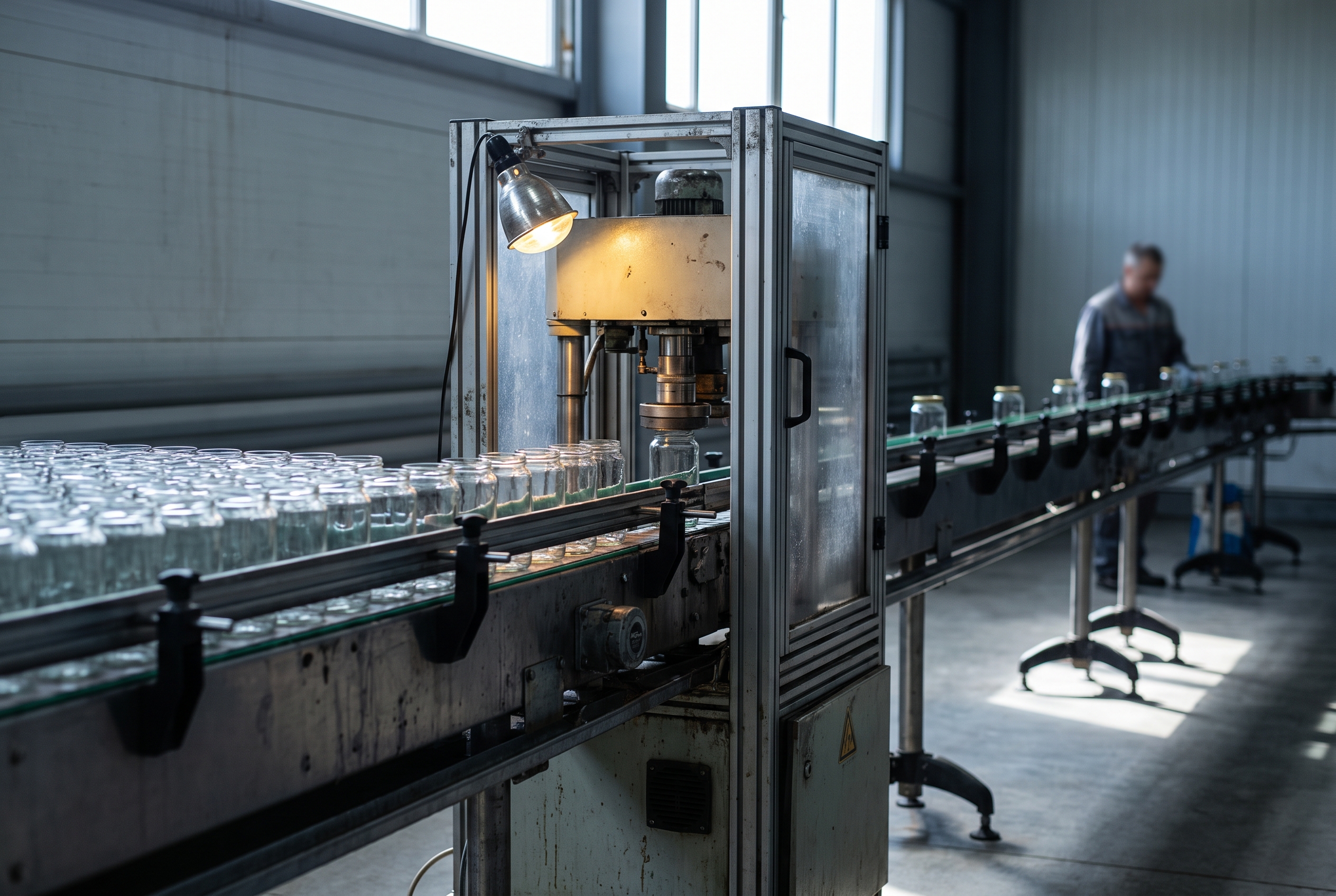 A capping machine on a factory line seen from the side, with a dense queue of unlabeled jars backed up on the belt before it and only a few jars beyond it, while a blurred operator stands far down the line.