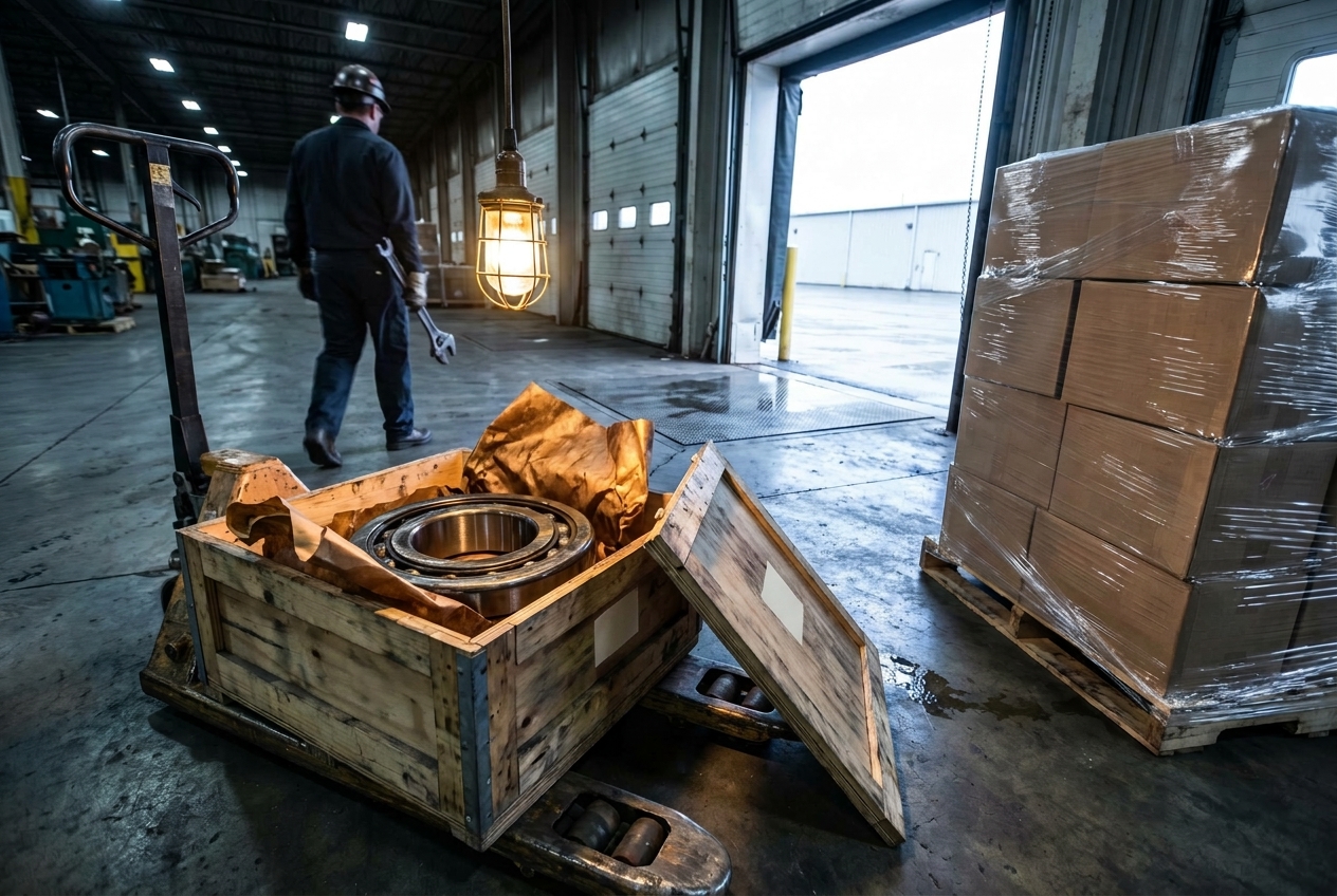 A loading dock with an opened wooden crate holding a large steel bearing wrapped in oiled paper in the foreground, a shrink-wrapped pallet waiting at an open dock door, and a blurred technician walking away with a wrench.