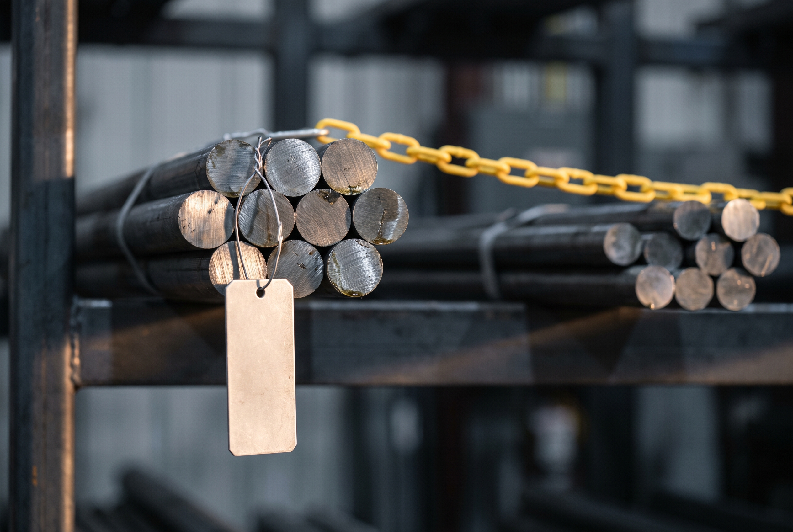 Close-up of a blank metal identification tag hanging from a steel bar bundle on a storage rack, with a taut yellow segregation chain blurred in the background separating it from another bundle.