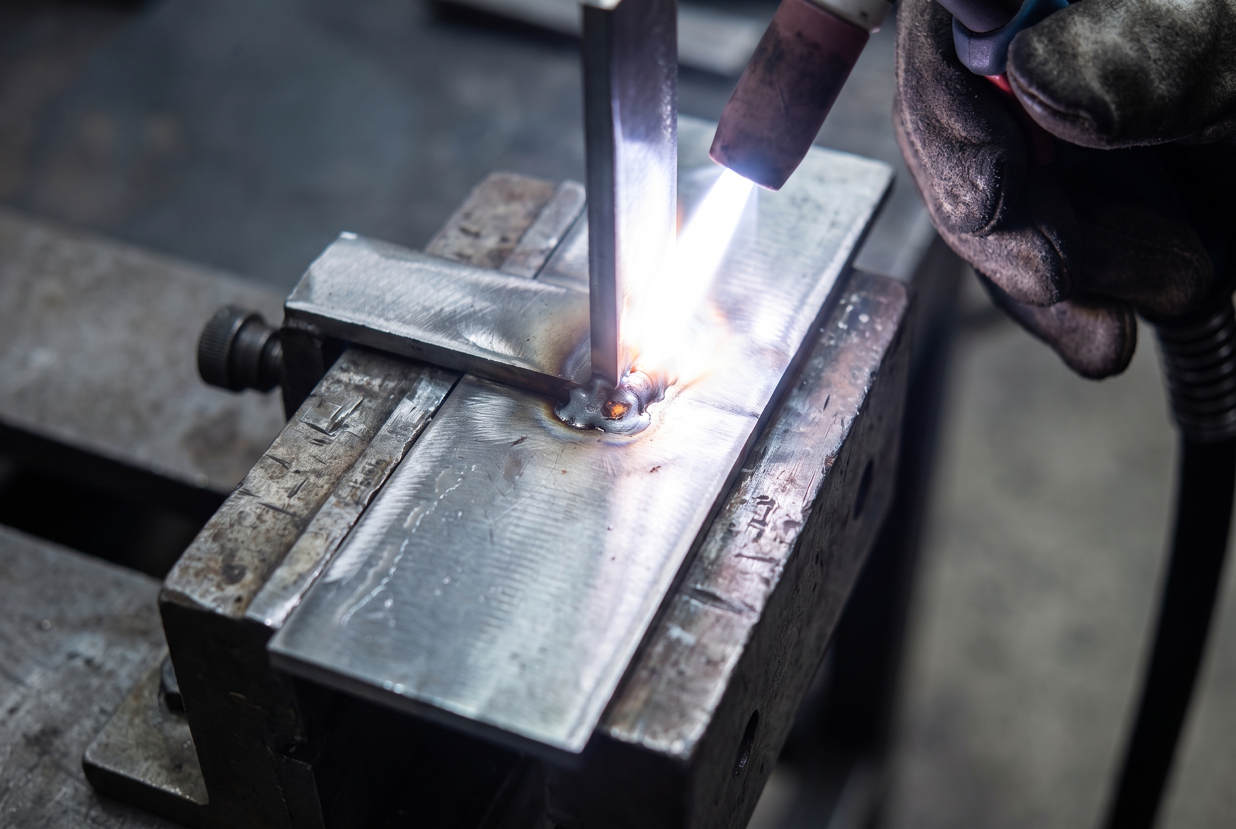 Close-up of an electric welding arc striking a steel test coupon clamped in a fixture, with a gloved hand holding the torch at the edge of the frame against a dark shop background.