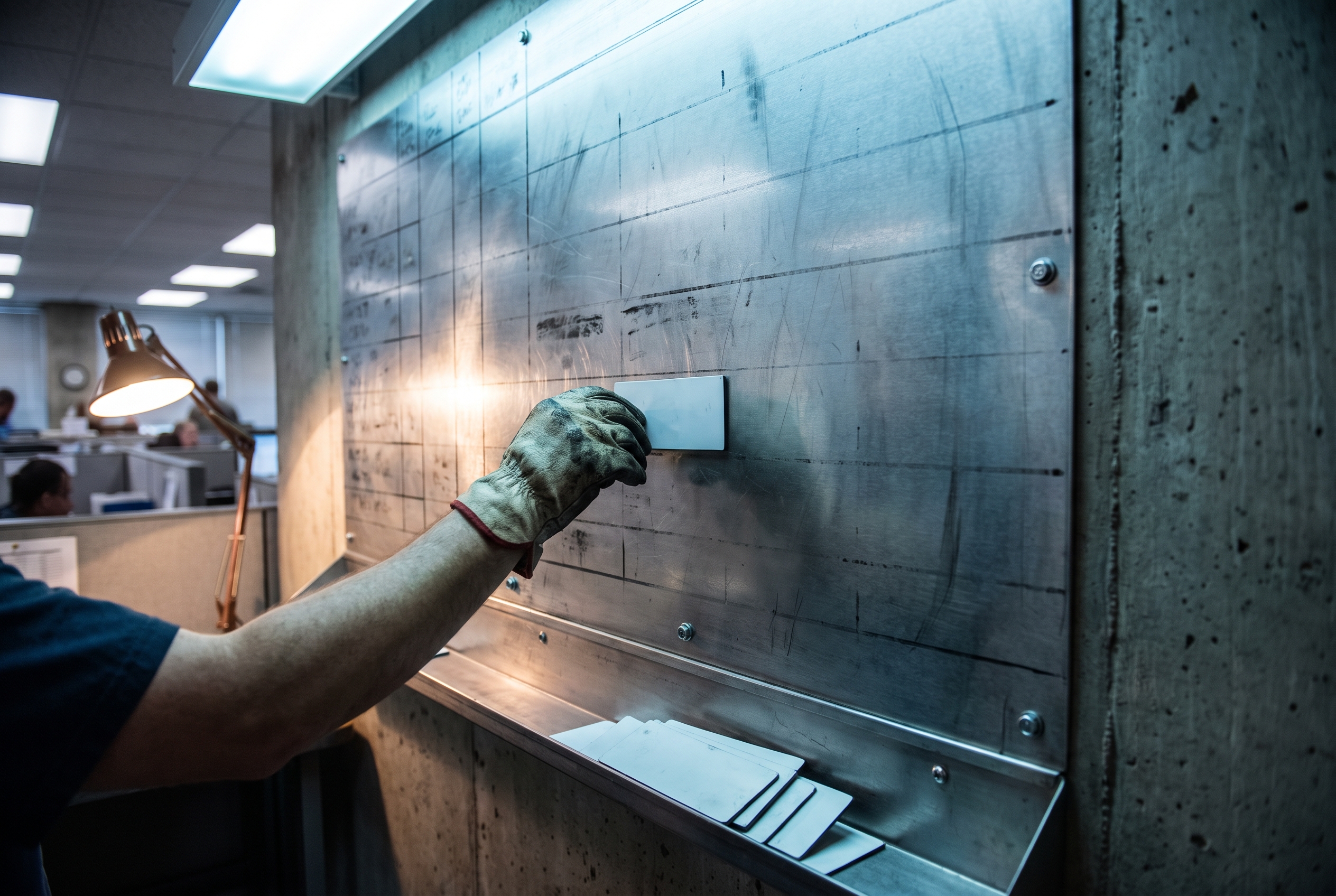 A hand sliding a blank magnetic tile across a steel production-scheduling board mounted on a concrete wall.