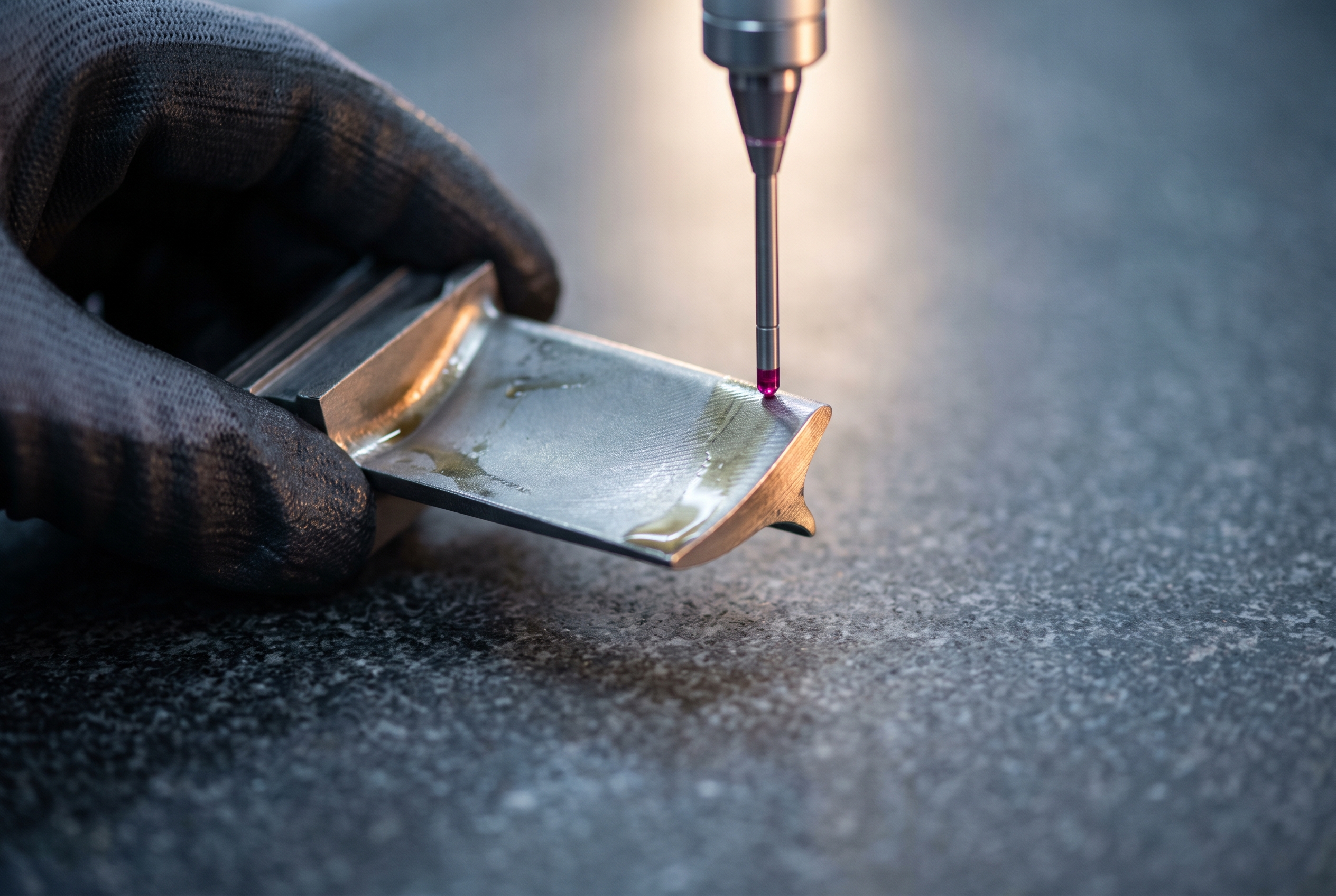 A gloved hand steadying a cast titanium turbine blade under a coordinate-measuring machine probe on a granite inspection surface.