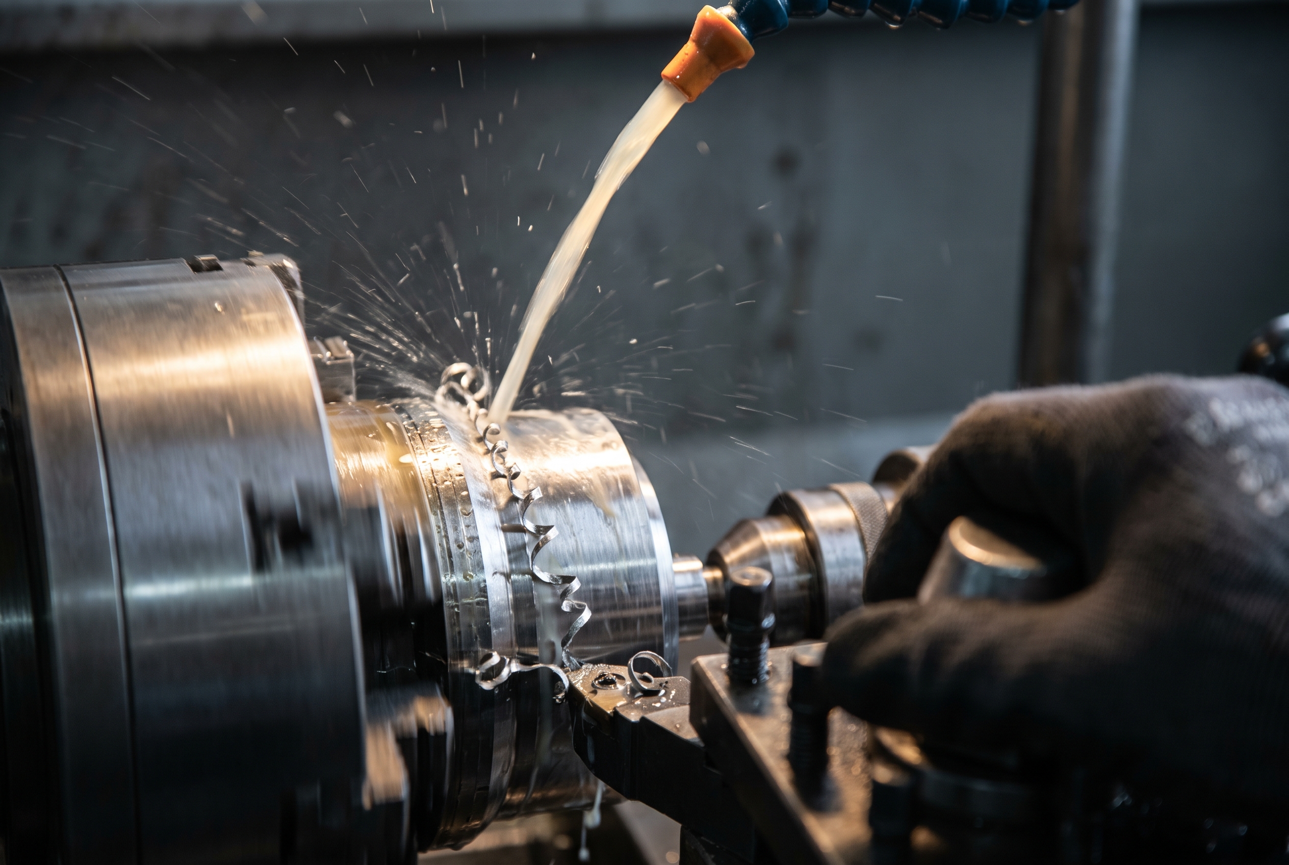 Extreme close-up of a steel part being cut on a lathe, coolant spraying in an arc and metal chips curling off the tool edge, with a gloved hand resting near the chuck.
