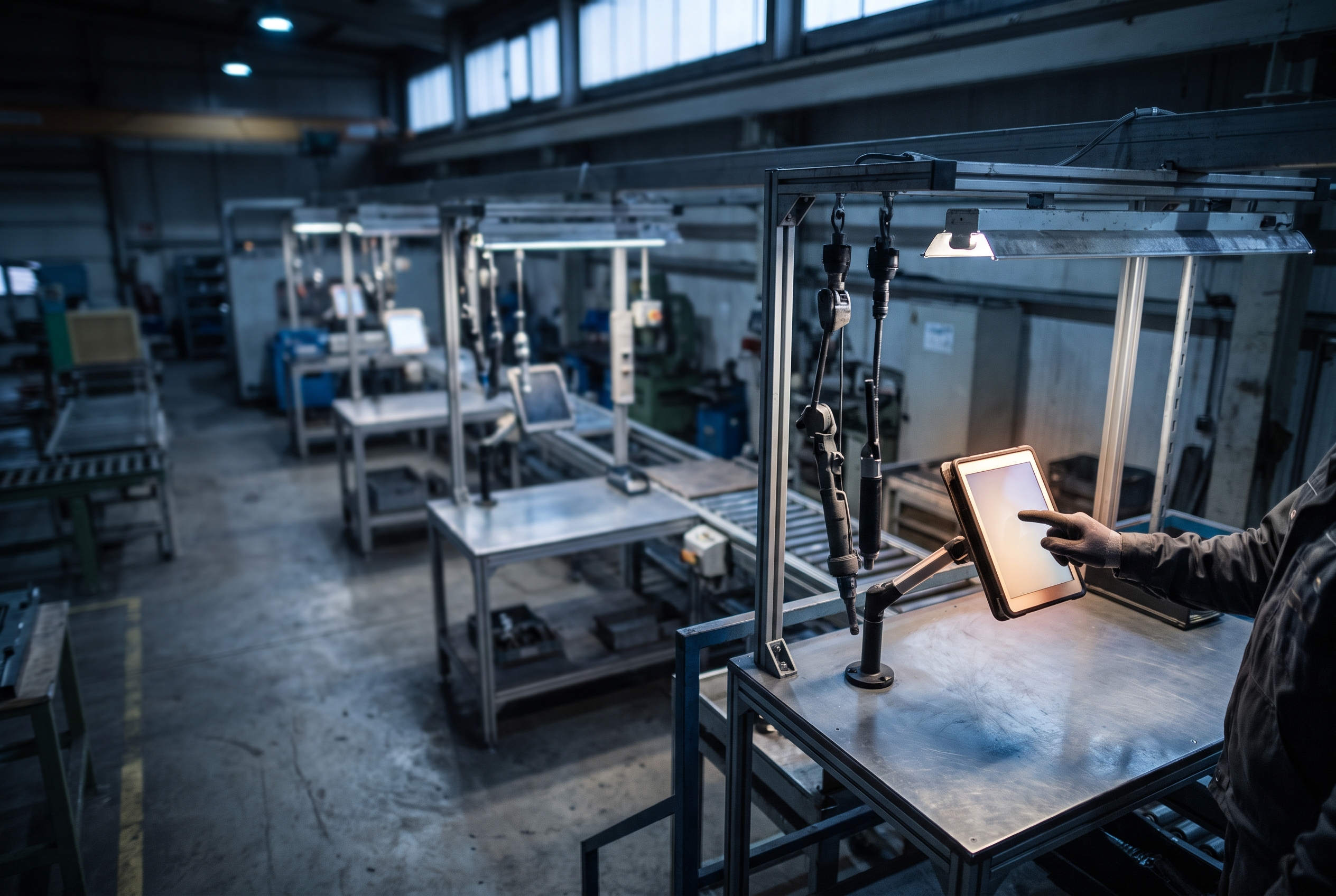 Elevated view of a production line with one workstation in sharp focus where a worker taps a glowing tablet mounted on a stand, the rest of the line fading into soft focus.