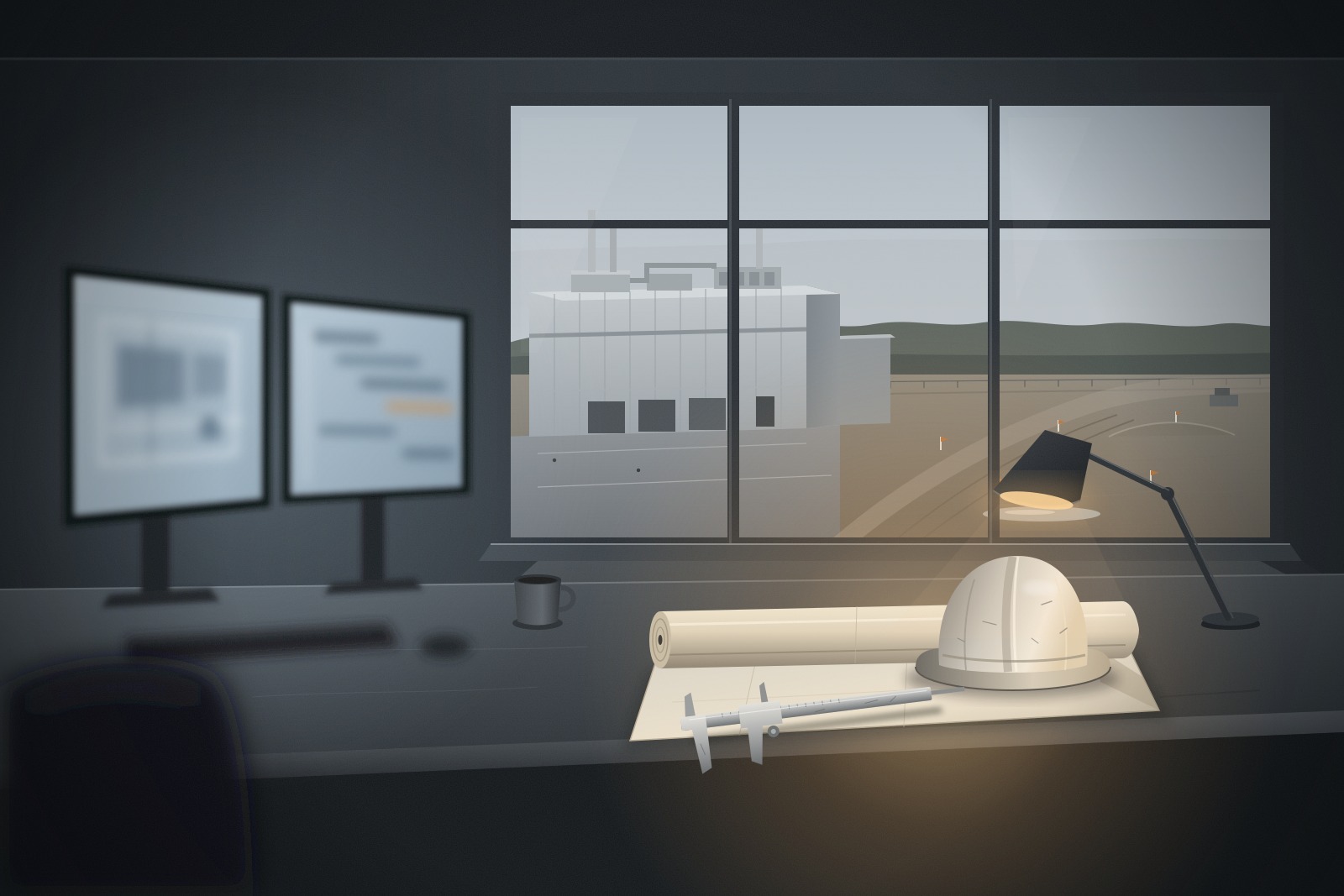 A desk with two glowing monitors, rolled drawings under a hard hat and a caliper, beside a window overlooking an existing factory and empty cleared ground.