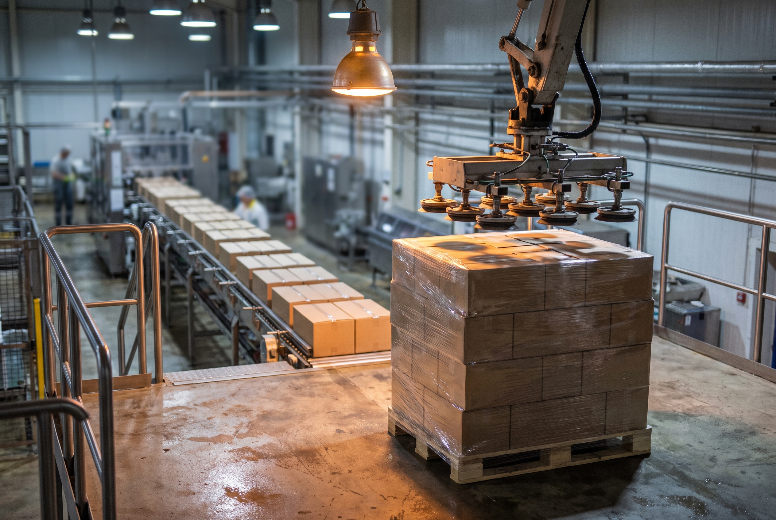Elevated view of a robotic palletizer gripper placing cartons on a stretch-wrapped pallet at the end of a food plant conveyor, with a blurred worker far in the background.