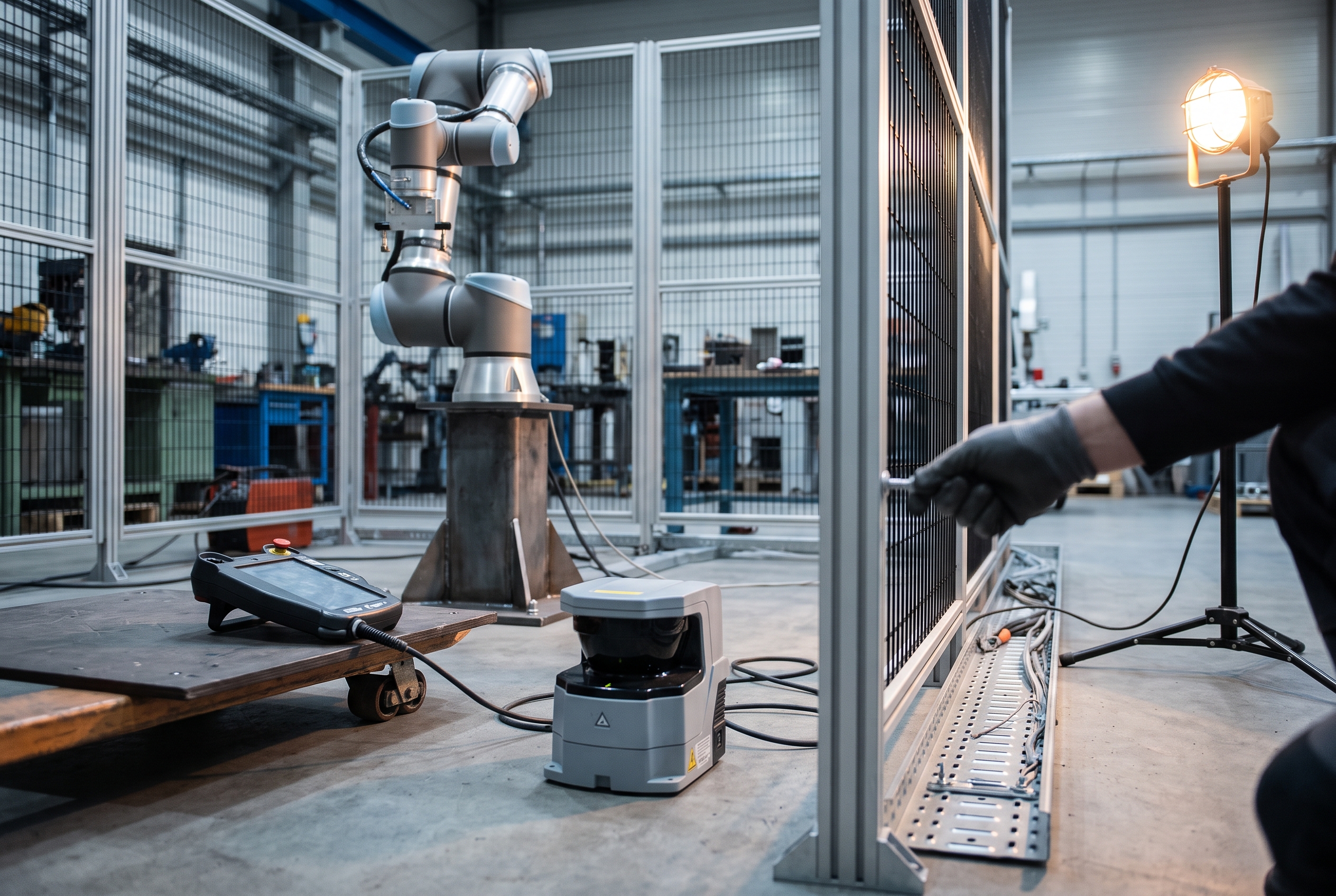 A collaborative robot on a steel pedestal during installation, with a low safety scanner, a teach pendant on a platform and a half-built guard fence around it.