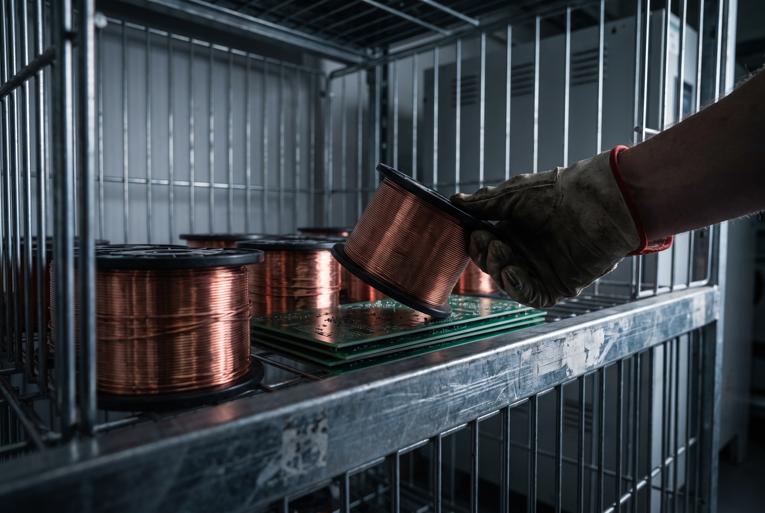 Close-up of a thinning stack of copper wire spools and bare circuit boards in a wire cage bin, with a hand reaching to take the last spool under raking side light.