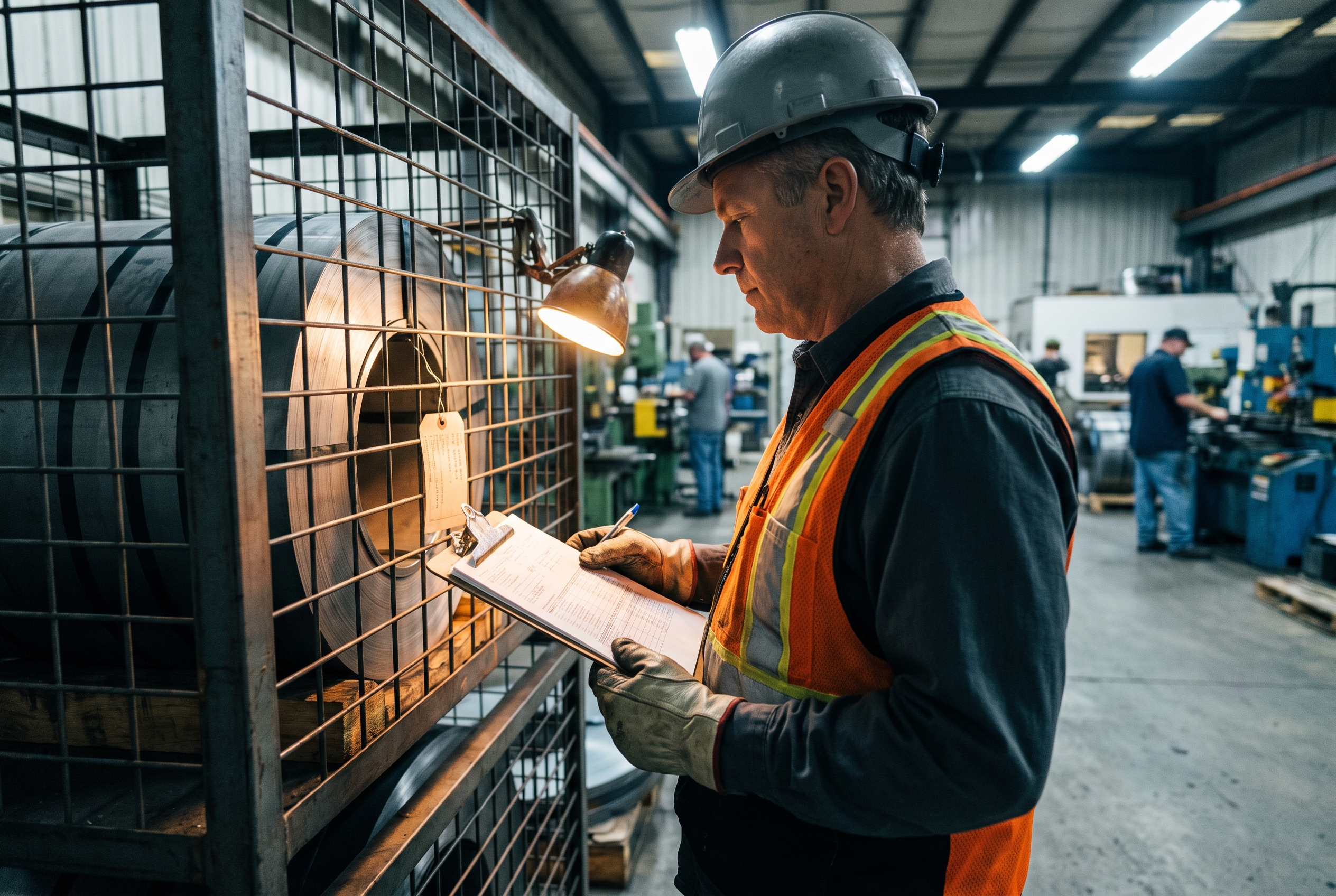 A procurement estimator on the shop floor checking an inventory tag on a steel coil against a clipboard of order tags, stacked raw steel coils behind under mixed cool and warm light.