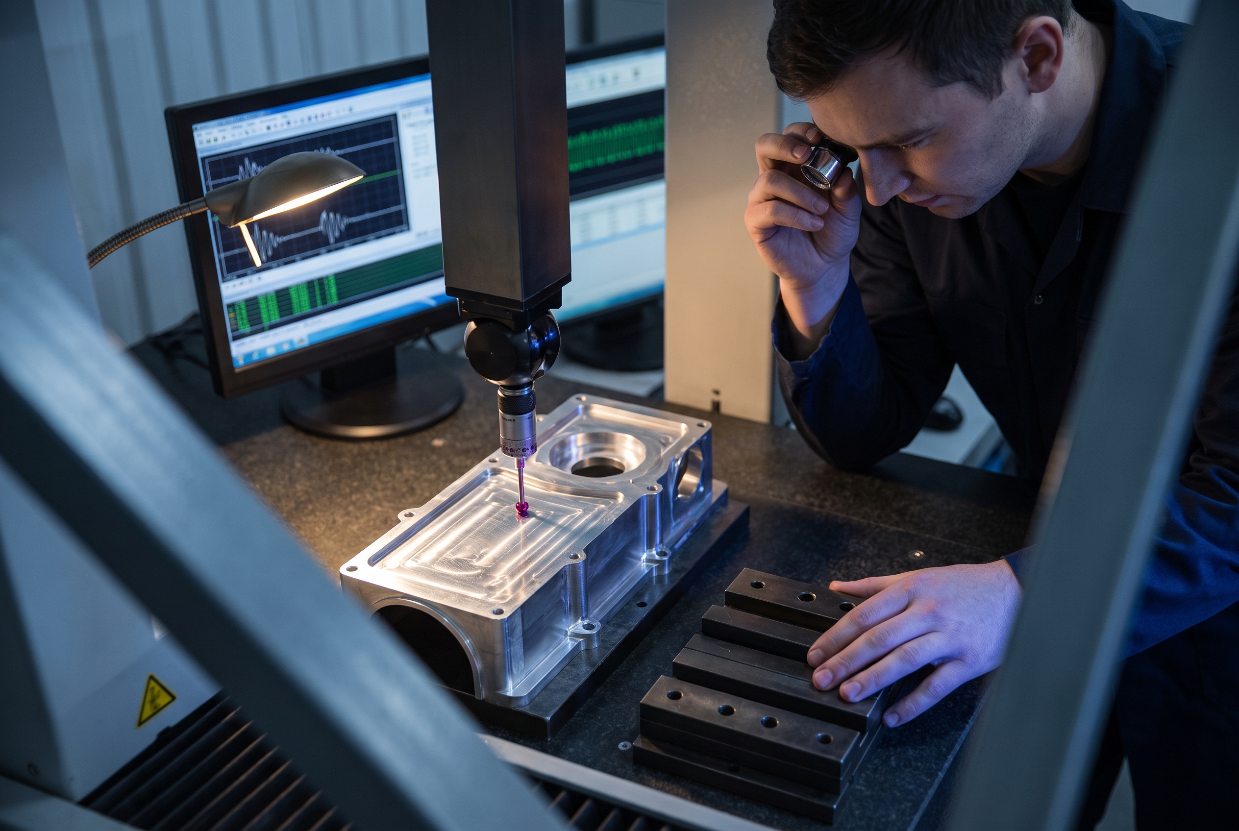 A quality engineer leans in with a loupe as a coordinate measuring machine probe touches a metal part, with an inspection monitor glowing softly in the background.